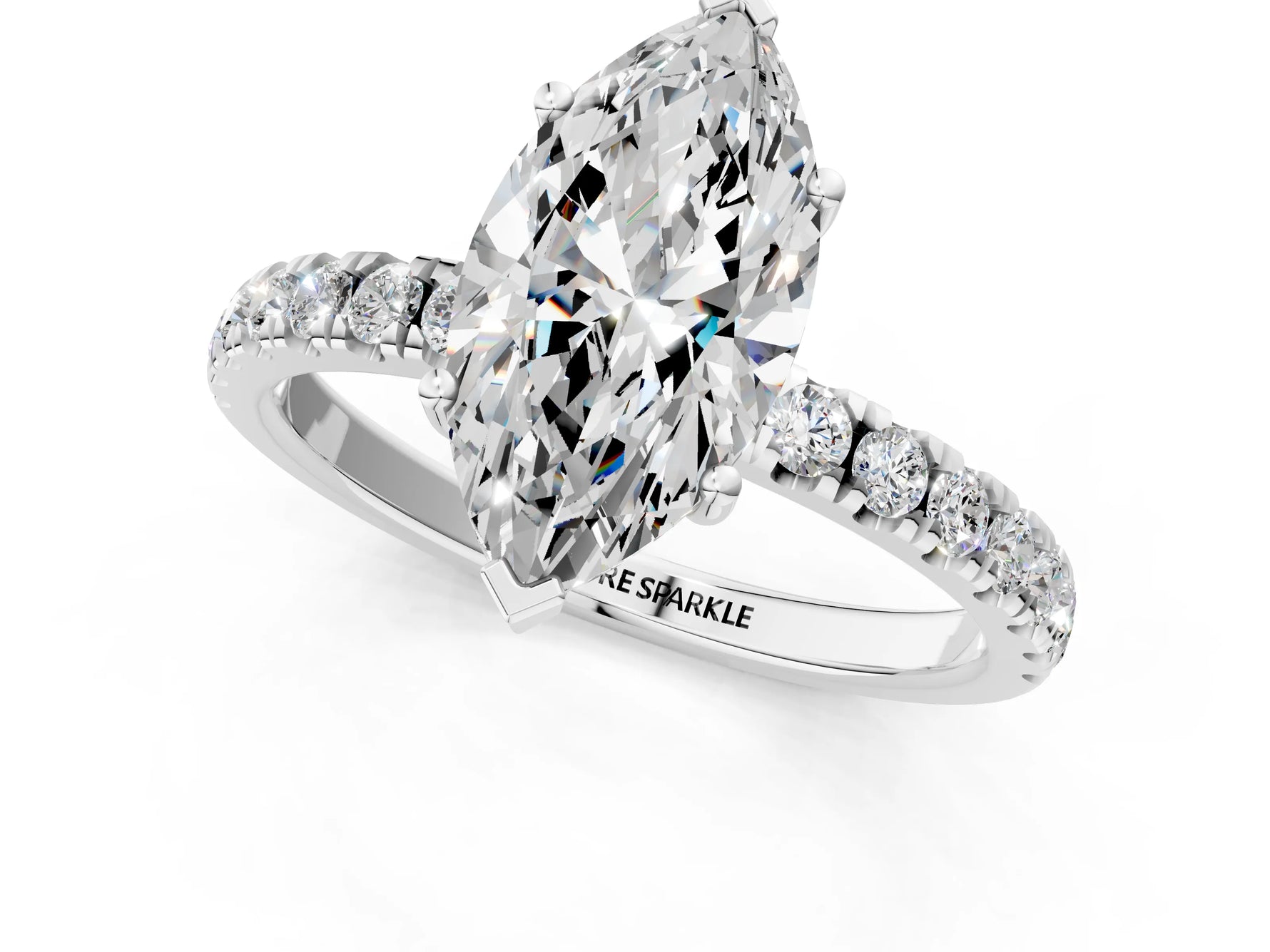 Marquise Cut Diamond Hidden Halo Engagement Ring in White gold with Round Pavé Band_13