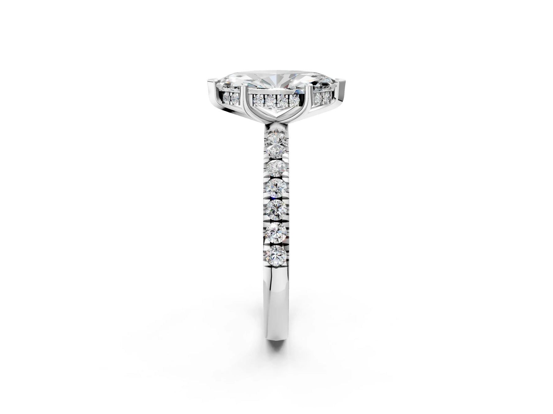 Marquise Cut Diamond Hidden Halo Engagement Ring in White gold with Round Pavé Band_14