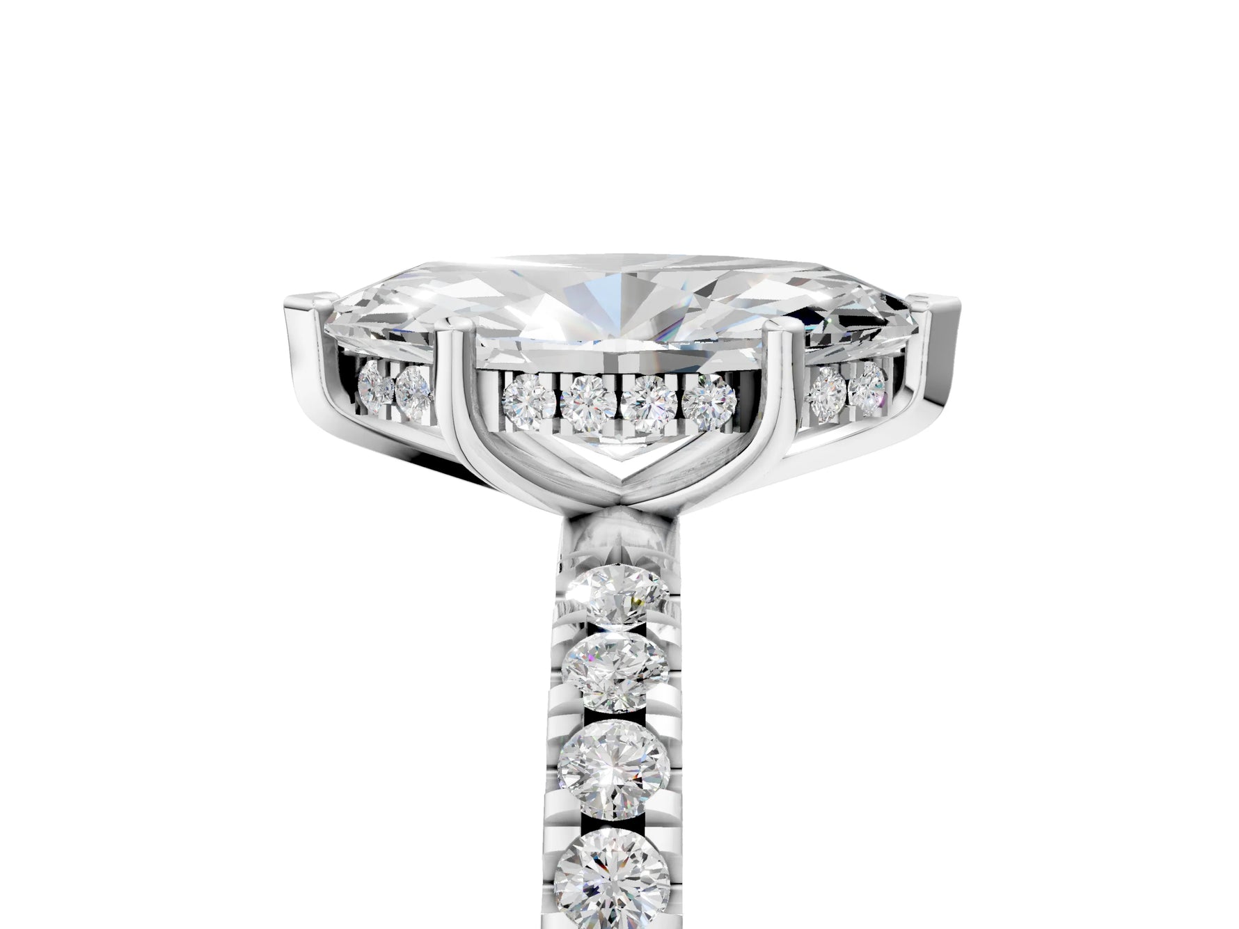 Marquise Cut Diamond Hidden Halo Engagement Ring in White gold with Round Pavé Band_17