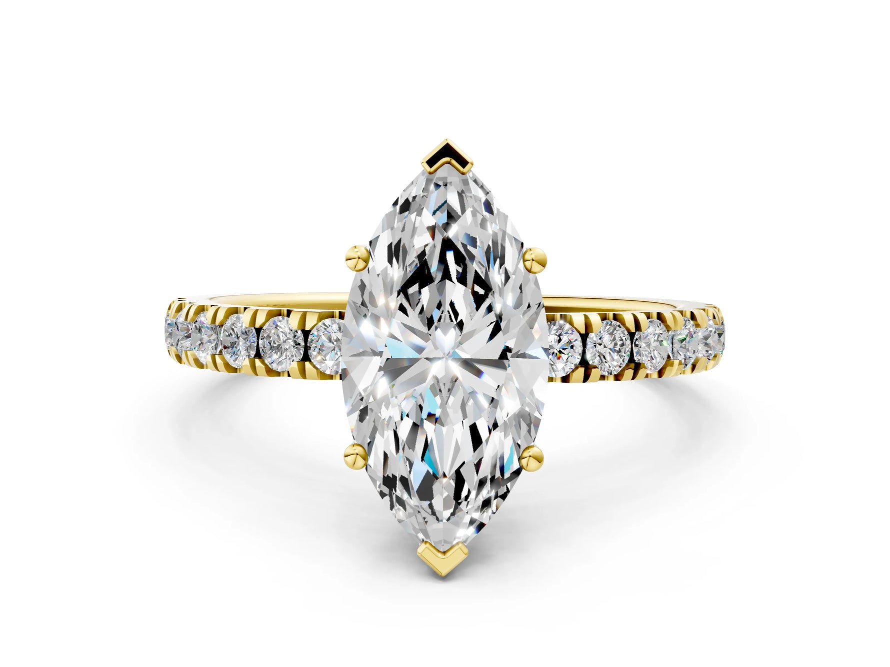 Marquise Cut Diamond Hidden Halo Engagement Ring in Yellow gold with Round Pavé Band_12