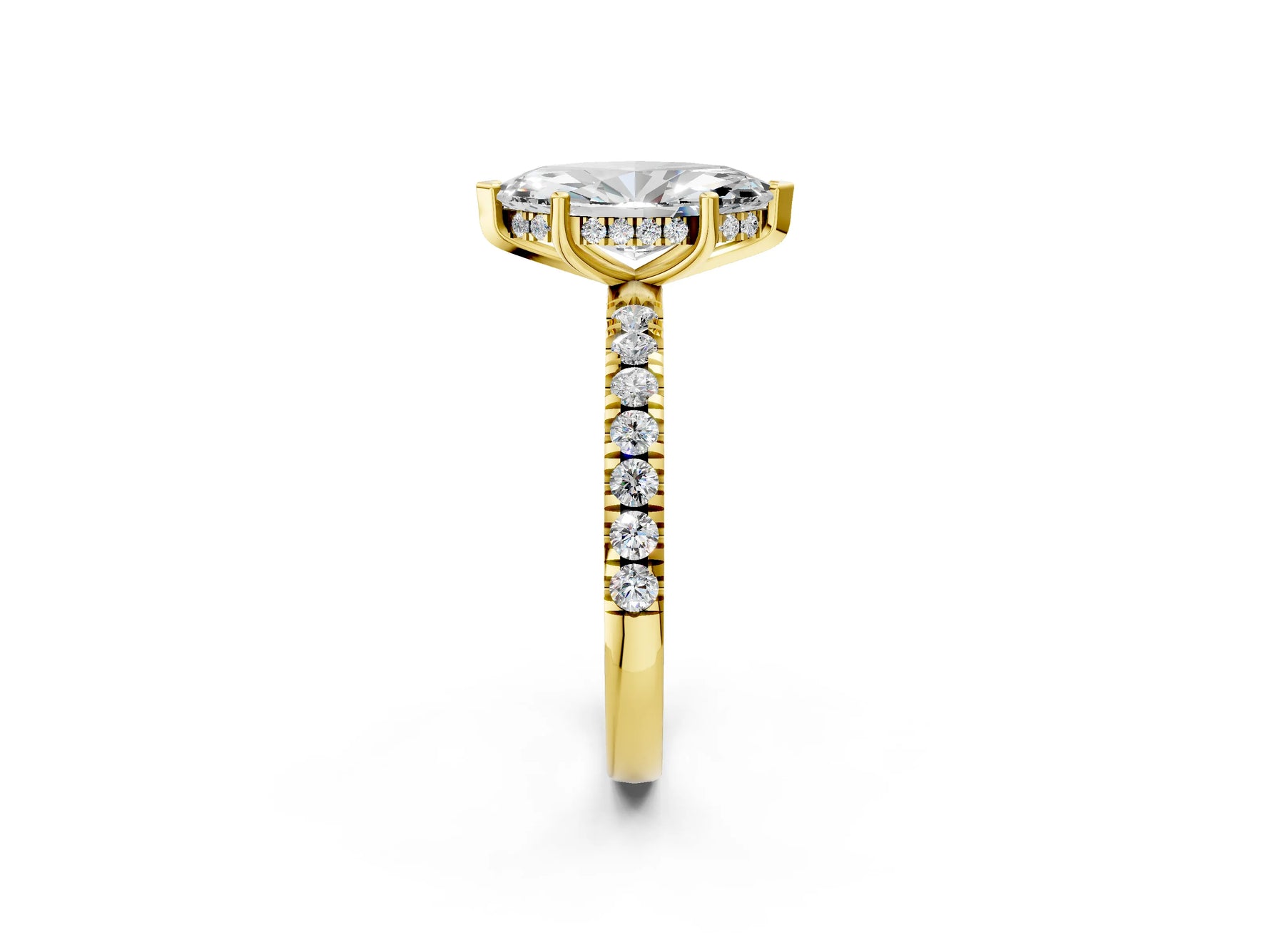 Marquise Cut Diamond Hidden Halo Engagement Ring in Yellow gold with Round Pavé Band_14