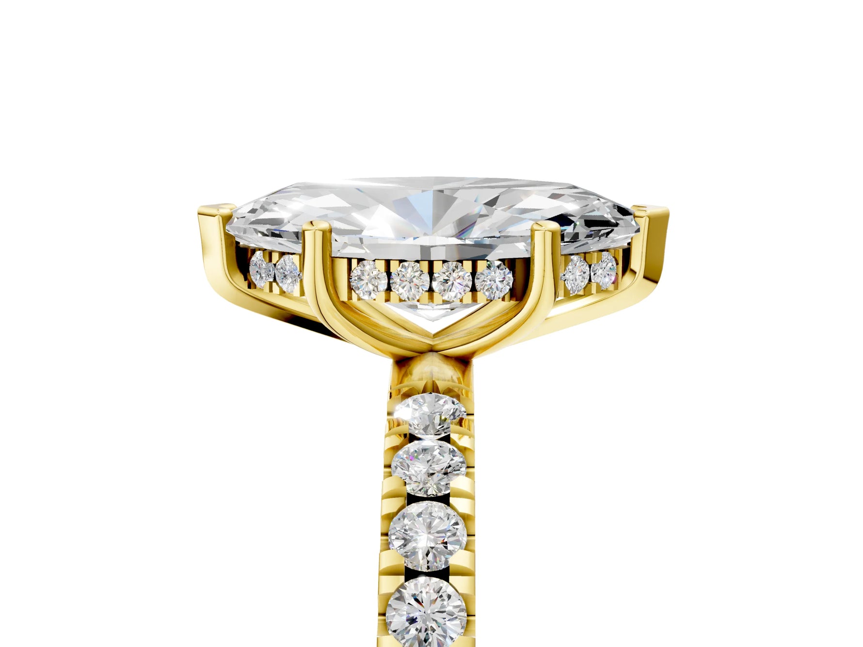 Marquise Cut Diamond Hidden Halo Engagement Ring in Yellow gold with Round Pavé Band_17