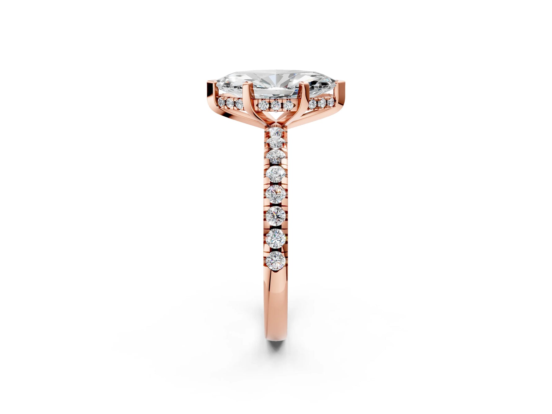 Marquise Cut Diamond Hidden Halo Solitaire Ring in Rose gold with Round Pavé Band and Prong Setting_38