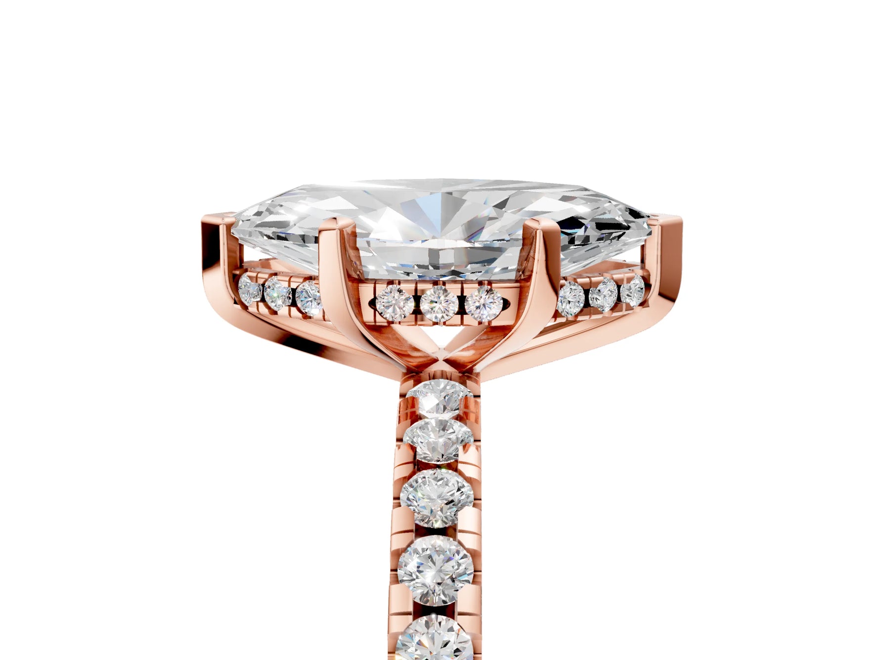 Marquise Cut Diamond Hidden Halo Solitaire Ring in Rose gold with Round Pavé Band and Prong Setting_41