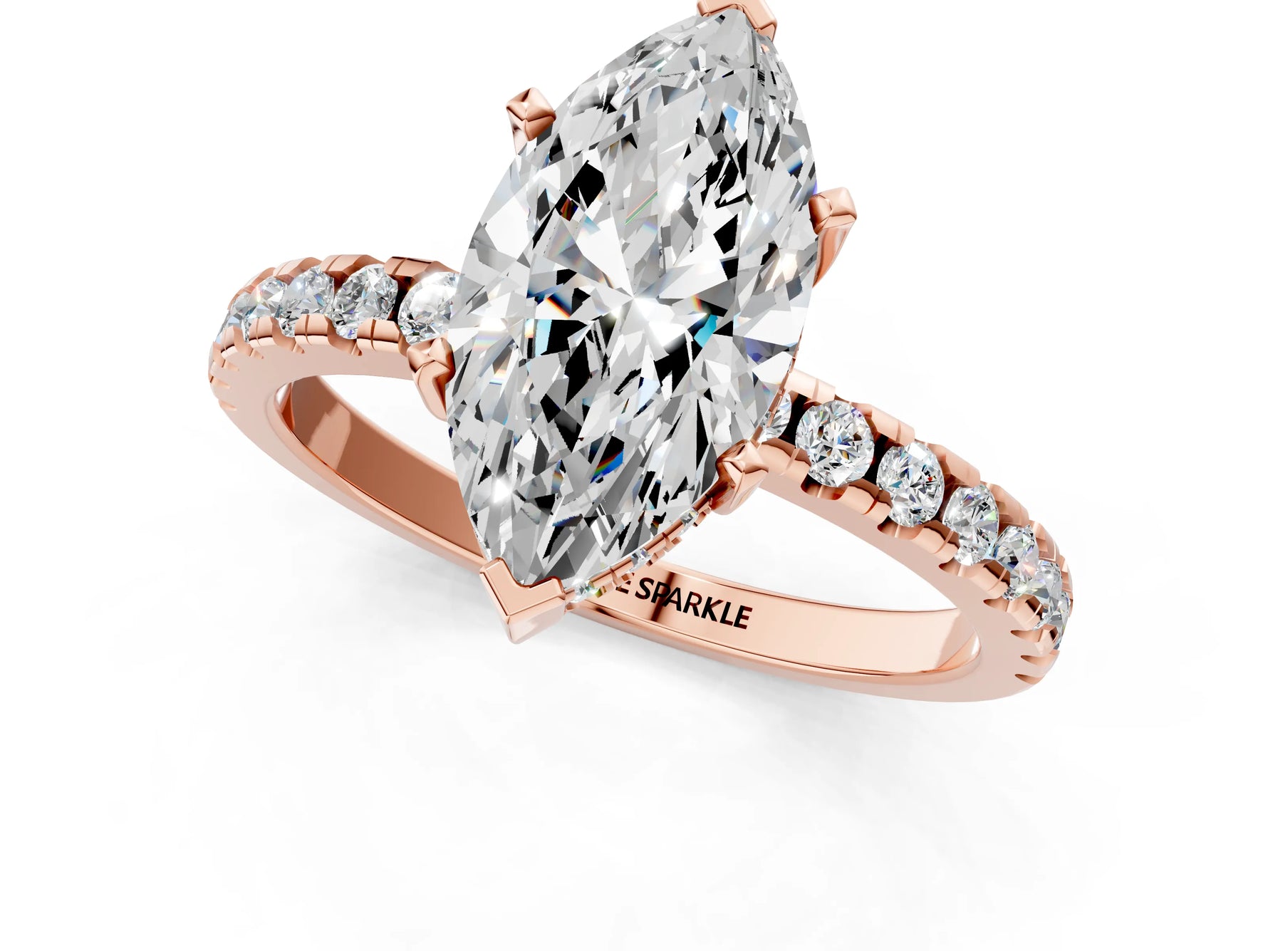Marquise Cut Diamond Hidden Halo Solitaire Ring in Rose gold with Round Pavé Band and Prong Setting_49