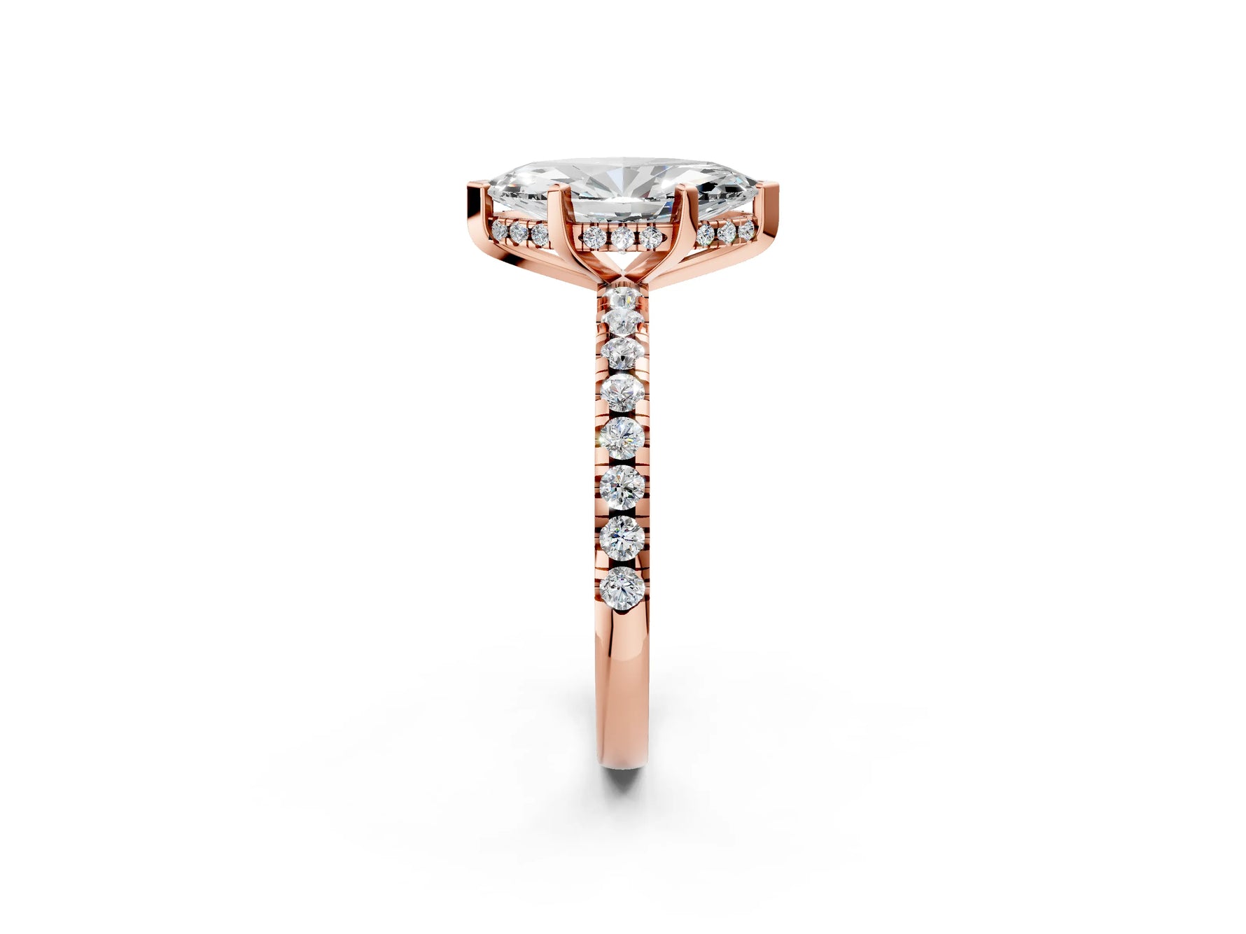 Marquise Cut Diamond Hidden Halo Solitaire Ring in Rose gold with Round Pavé Band and Prong Setting_50