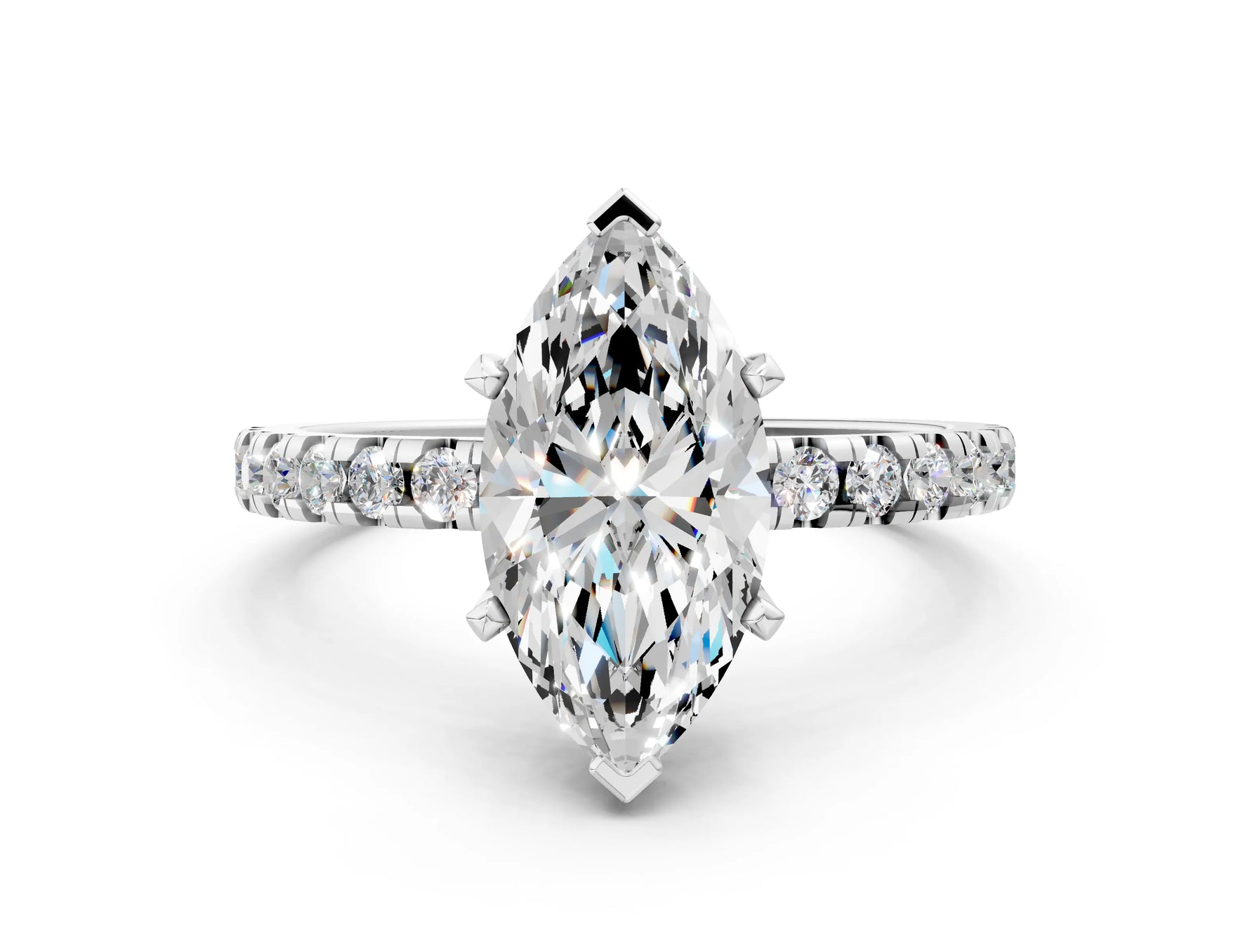 Marquise Cut Diamond Hidden Halo Solitaire Ring in White gold with Round Pavé Band and Prong Setting_36