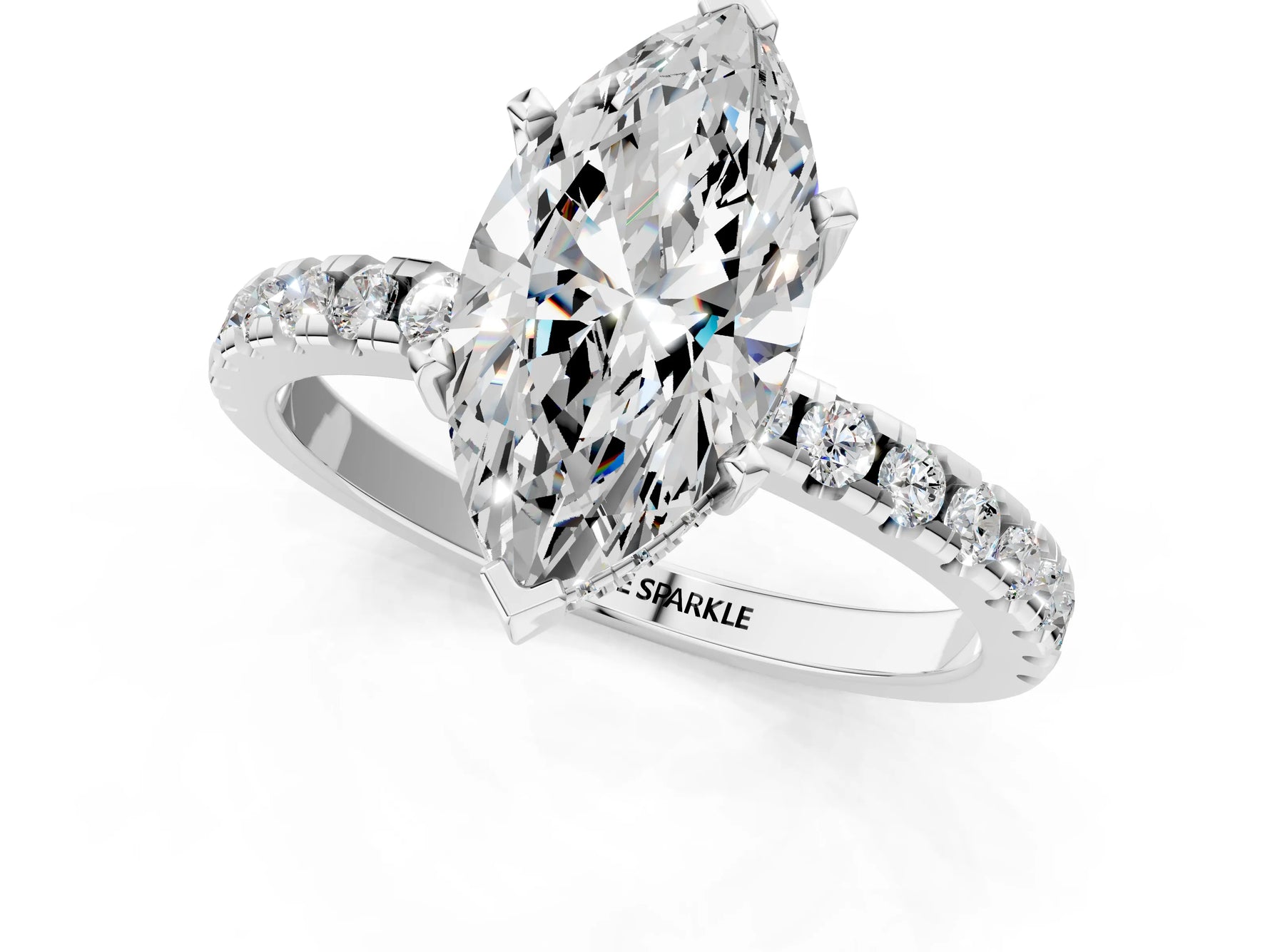 Marquise Cut Diamond Hidden Halo Solitaire Ring in White gold with Round Pavé Band and Prong Setting_37
