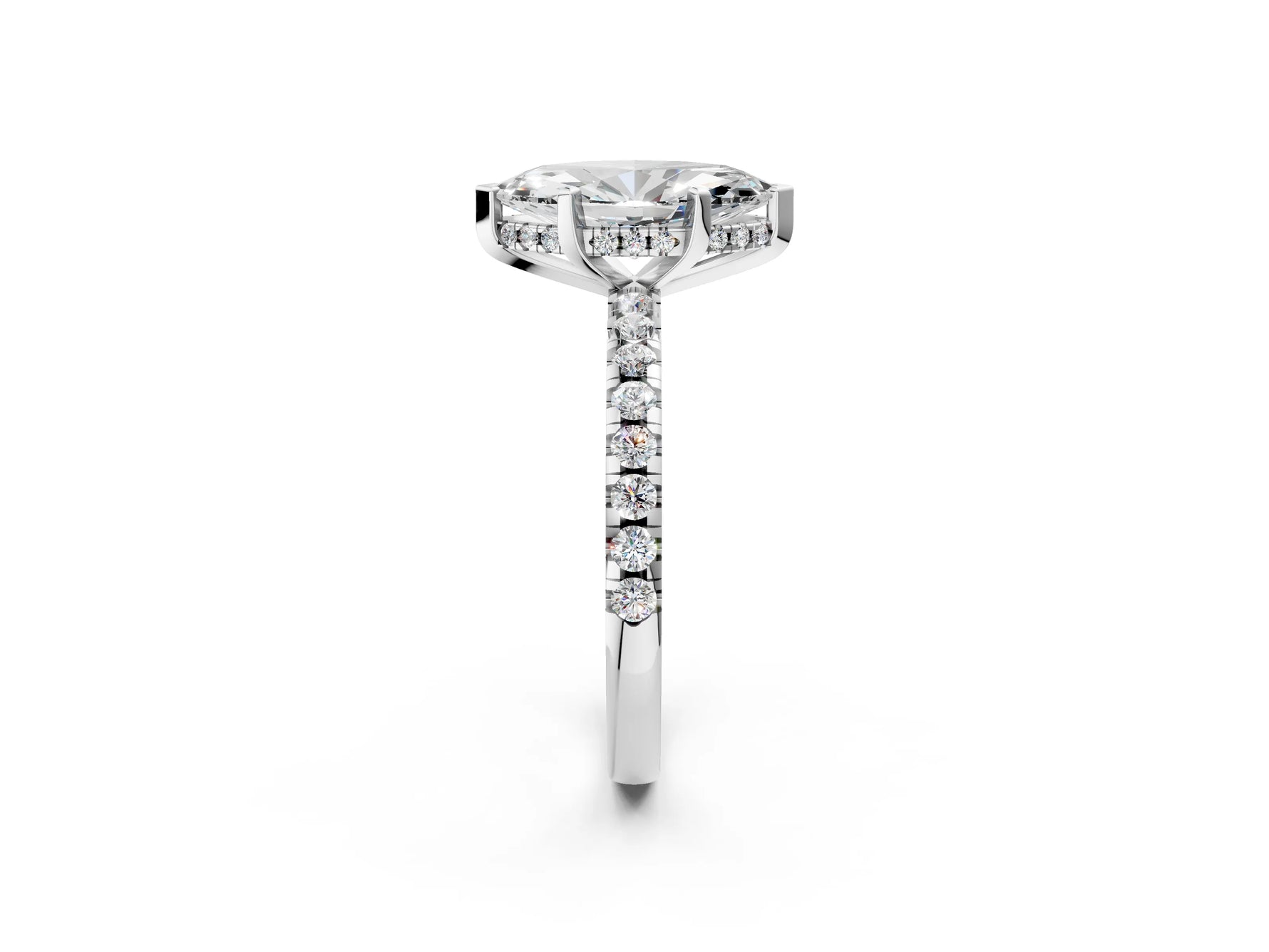 Marquise Cut Diamond Hidden Halo Solitaire Ring in White gold with Round Pavé Band and Prong Setting_38