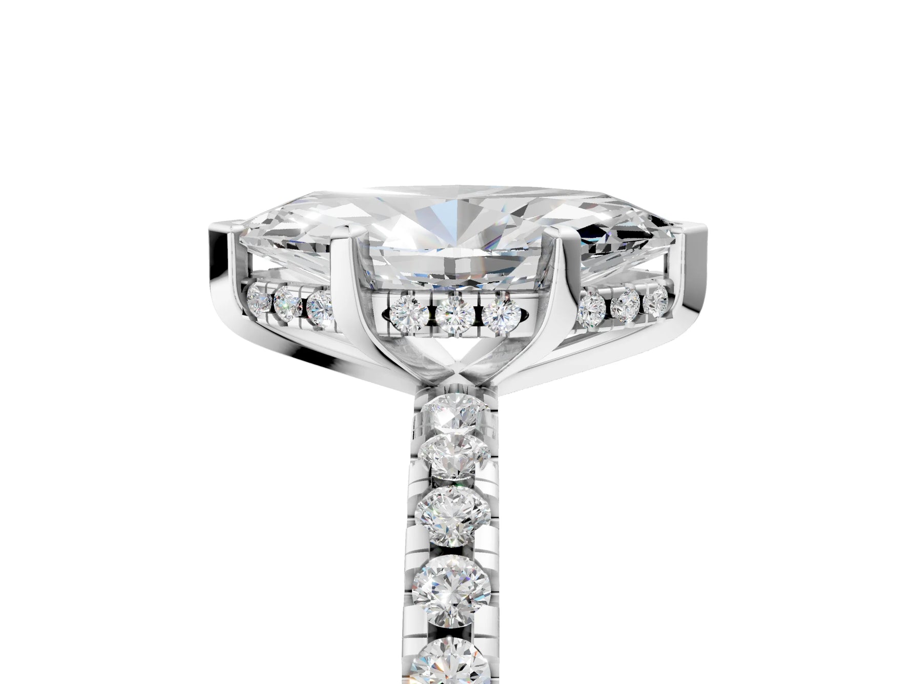 Marquise Cut Diamond Hidden Halo Solitaire Ring in White gold with Round Pavé Band and Prong Setting_41