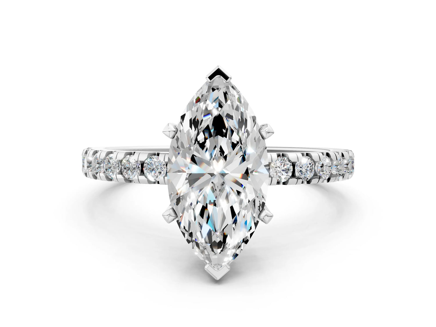 Marquise Cut Diamond Hidden Halo Solitaire Ring in White gold with Round Pavé Band and Prong Setting_48