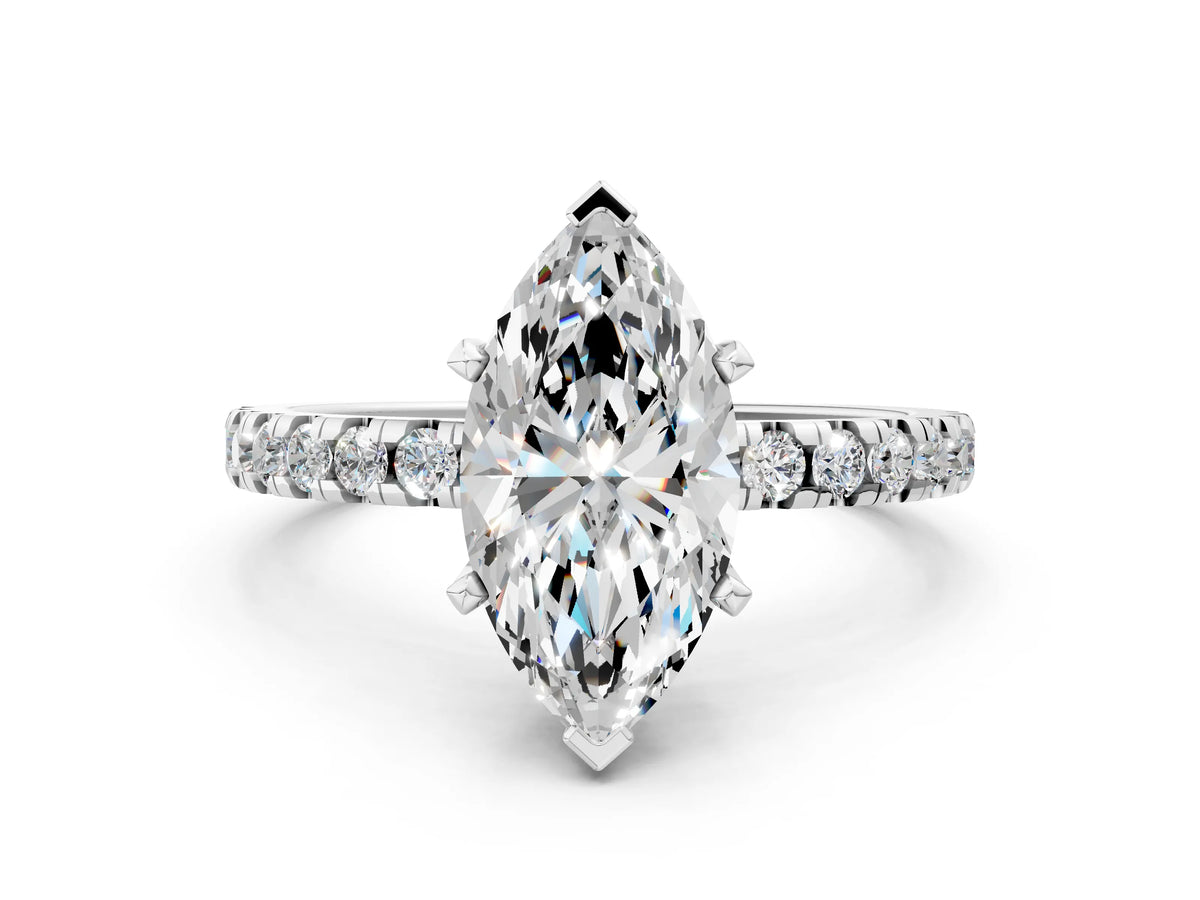 Marquise Cut Diamond Hidden Halo Solitaire Ring in White gold with Round Pavé Band and Prong Setting_48