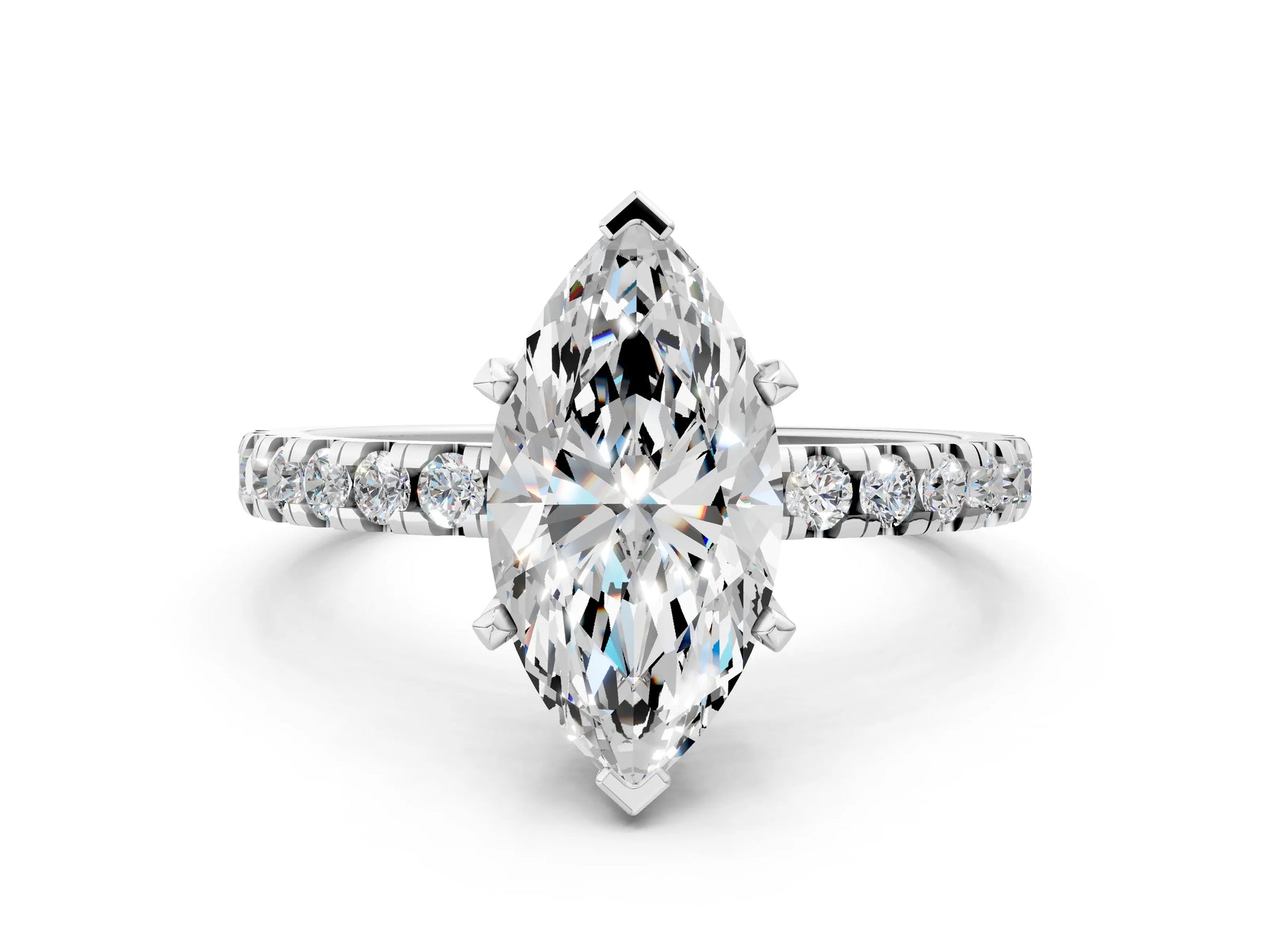 Marquise Cut Diamond Hidden Halo Solitaire Ring in White gold with Round Pavé Band and Prong Setting_48