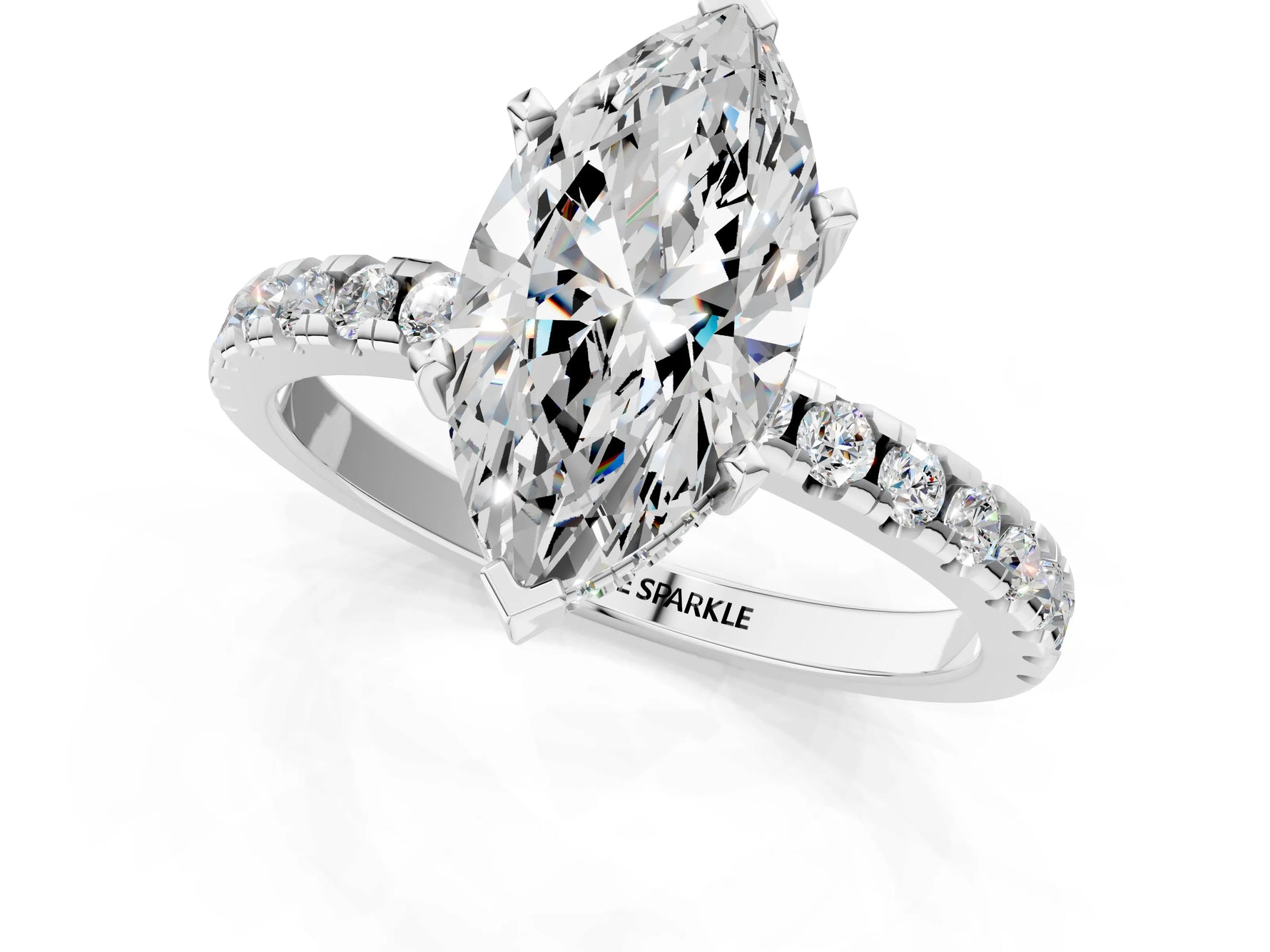 Marquise Cut Diamond Hidden Halo Solitaire Ring in White gold with Round Pavé Band and Prong Setting_49