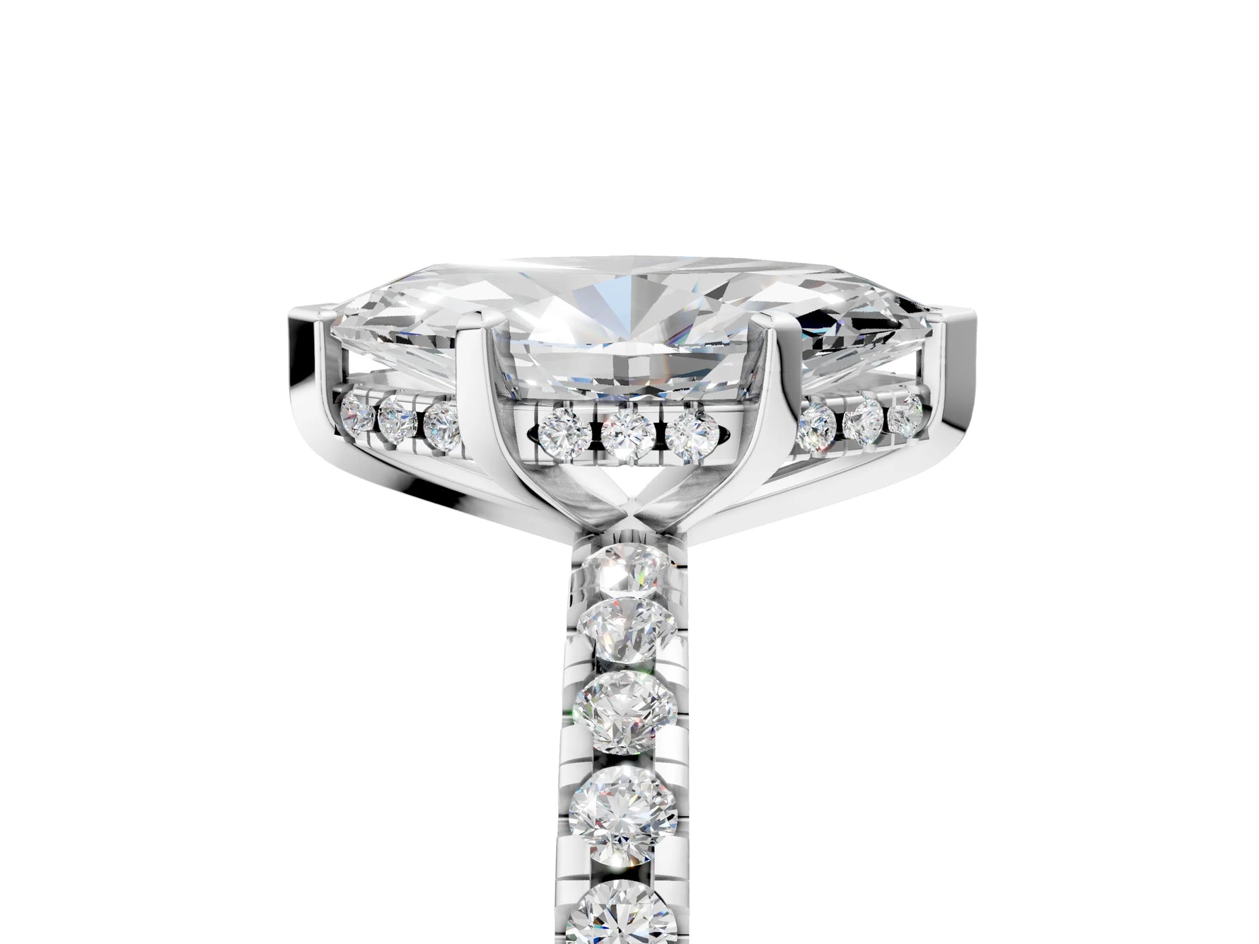 Marquise Cut Diamond Hidden Halo Solitaire Ring in White gold with Round Pavé Band and Prong Setting_53