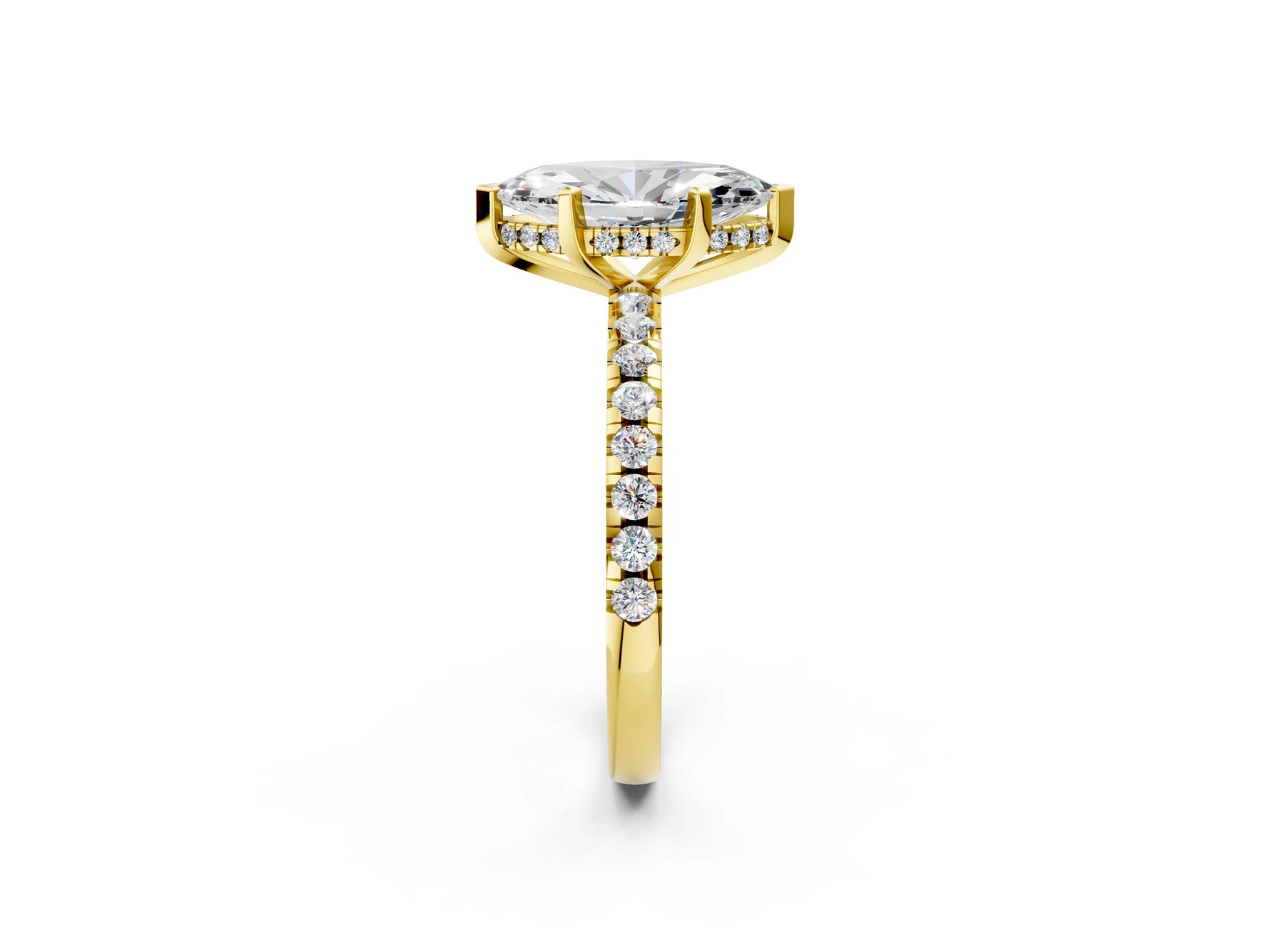 Marquise Cut Diamond Hidden Halo Solitaire Ring in Yellow gold with Round Pavé Band and Prong Setting_38