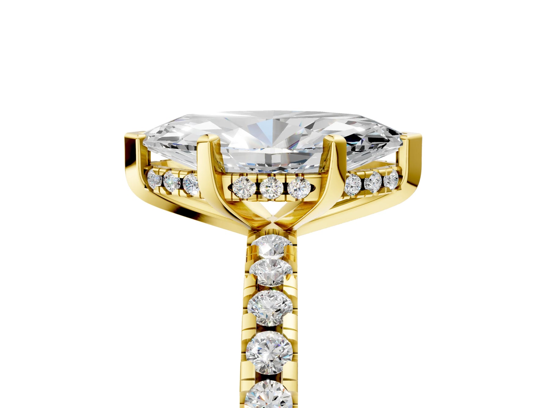 Marquise Cut Diamond Hidden Halo Solitaire Ring in Yellow gold with Round Pavé Band and Prong Setting_41