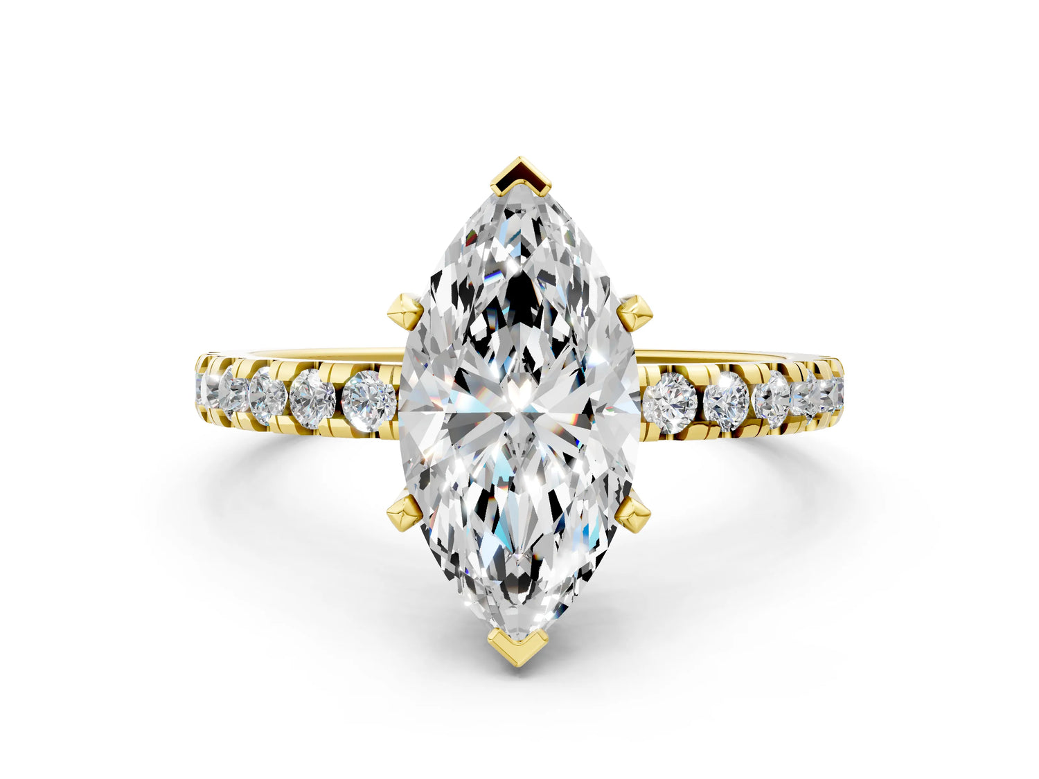 Marquise Cut Diamond Hidden Halo Solitaire Ring in Yellow gold with Round Pavé Band and Prong Setting_48