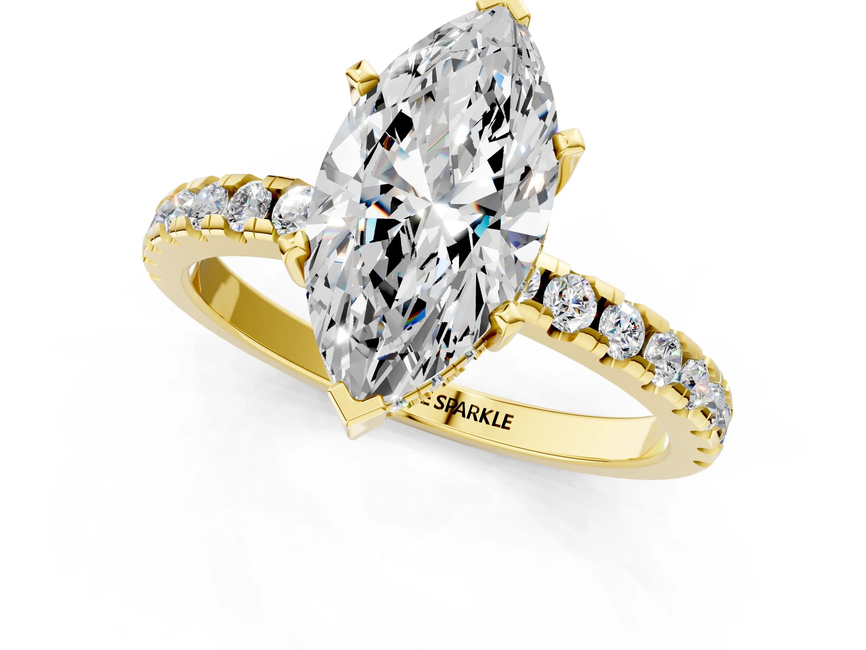 Marquise Cut Diamond Hidden Halo Solitaire Ring in Yellow gold with Round Pavé Band and Prong Setting_49