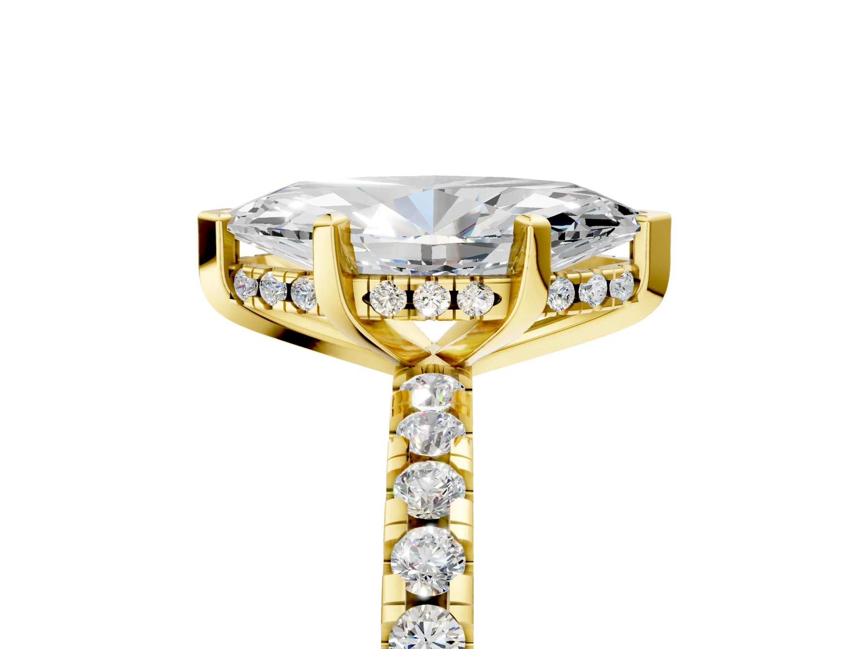 Marquise Cut Diamond Hidden Halo Solitaire Ring in Yellow gold with Round Pavé Band and Prong Setting_53