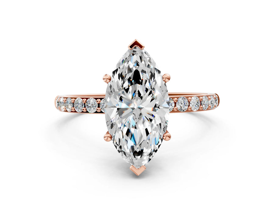 Marquise Cut Diamond Pavé Band Solitaire Ring in Rose gold with Round Accents