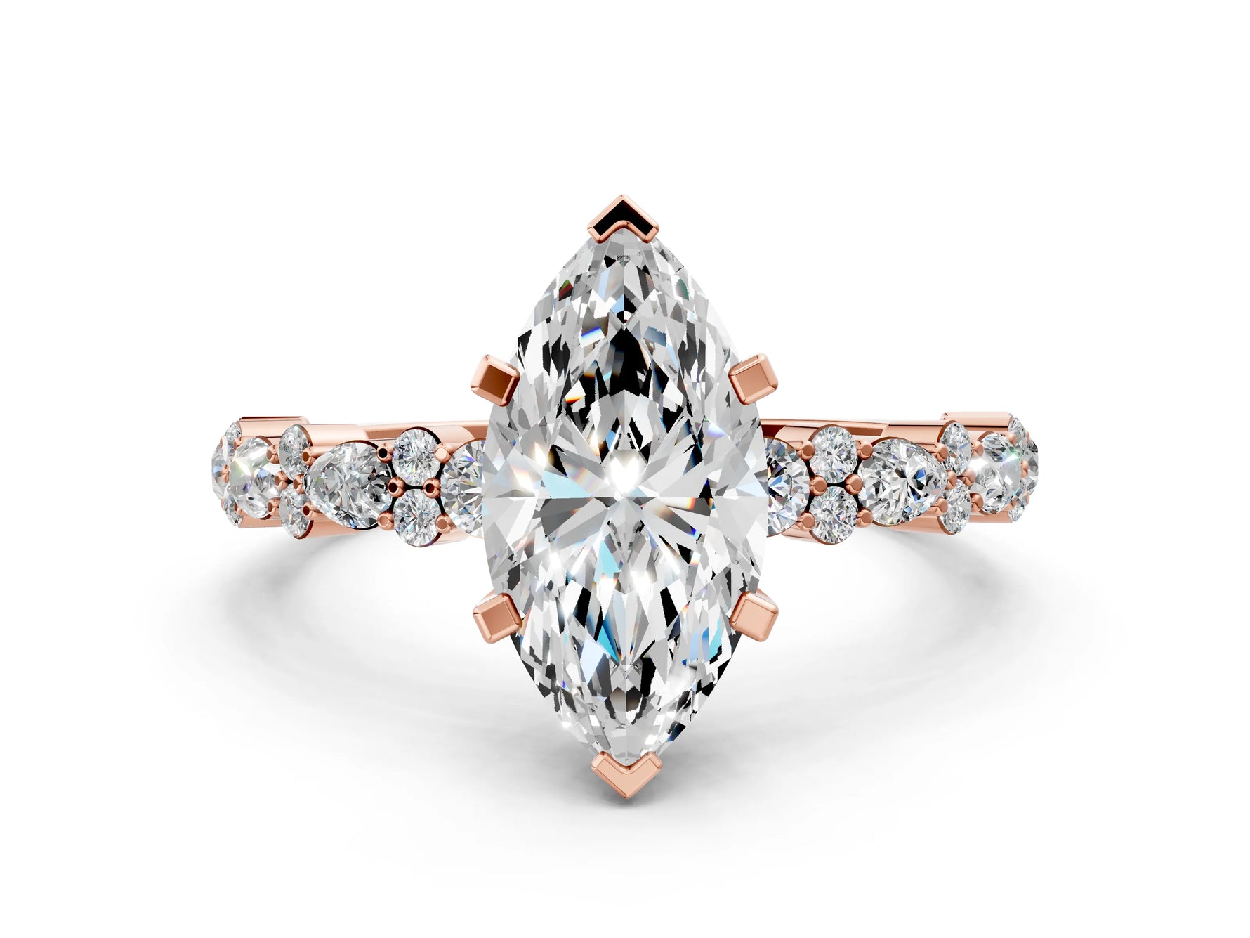 Marquise Cut Diamond Solitaire Ring in Rose gold with Pear and Round Cluster Band_12