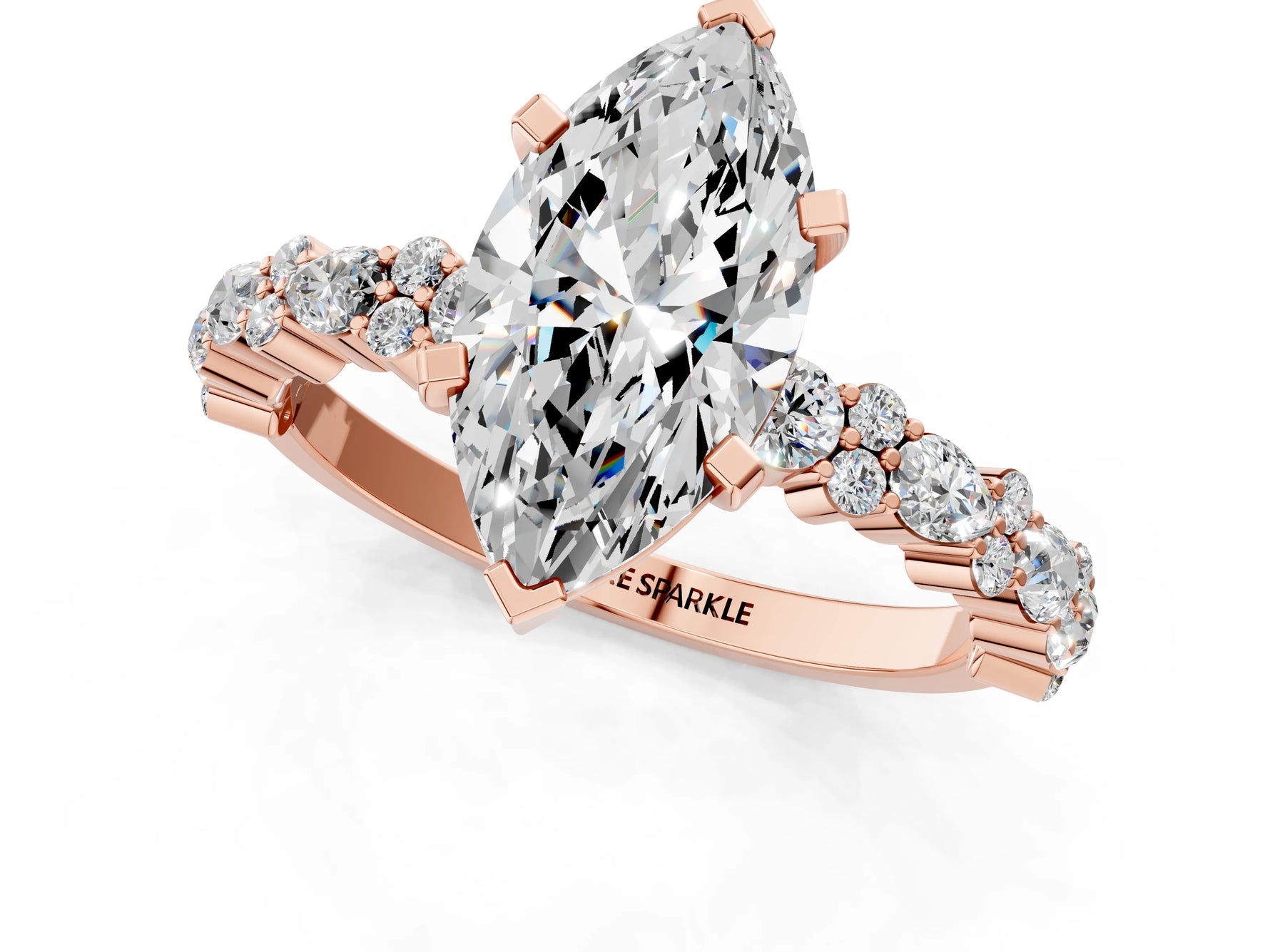 Marquise Cut Diamond Solitaire Ring in Rose gold with Pear and Round Cluster Band_13