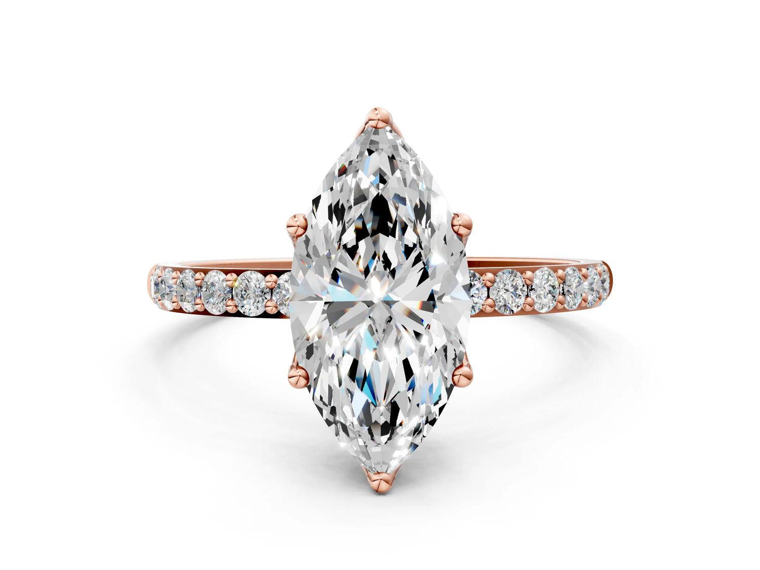 Marquise Cut Diamond Solitaire Ring in Rose gold with Round Shared Prong Pavé Band_18