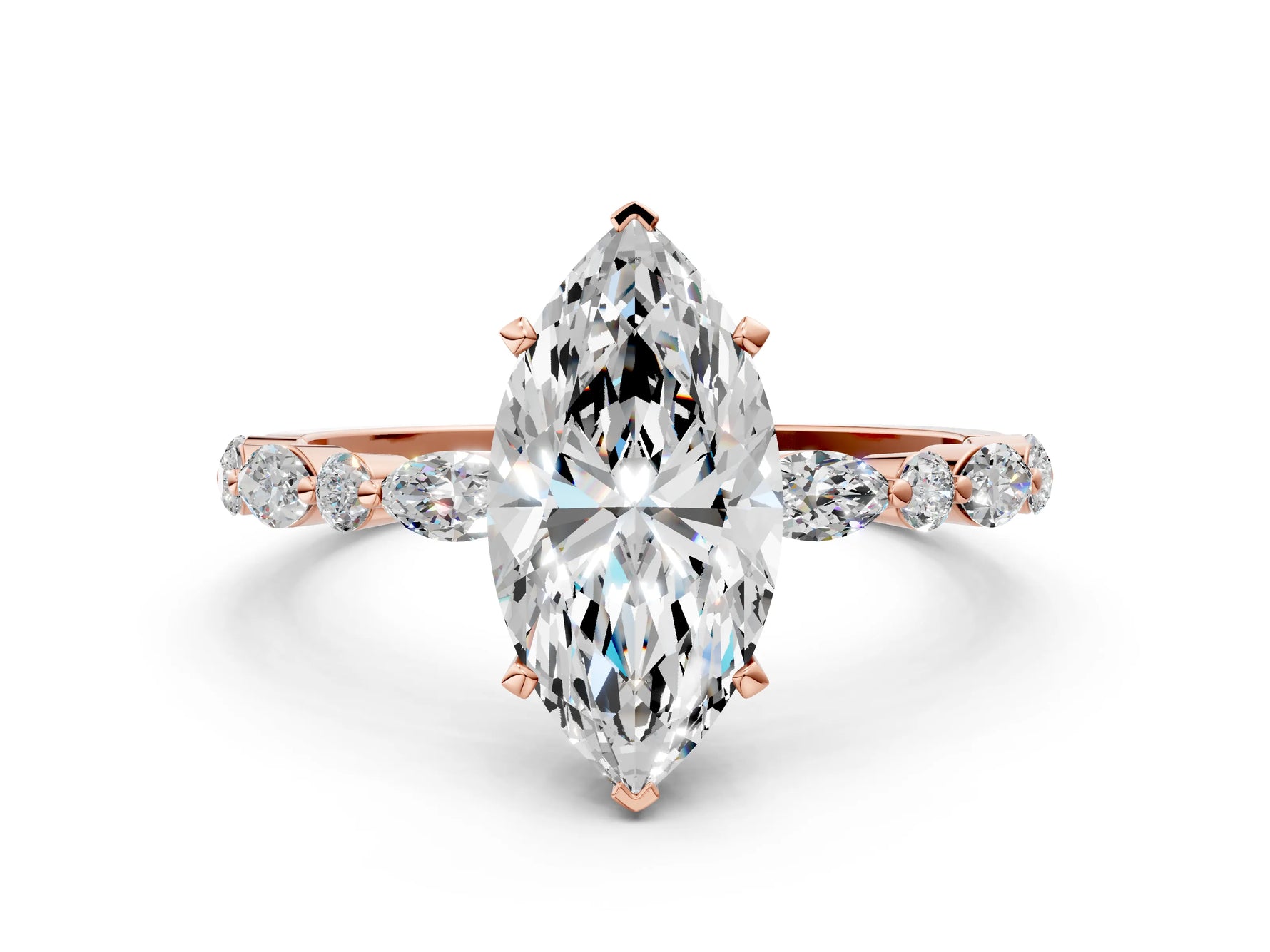 Marquise Cut Diamond Solitaire Ring in Rose gold with Shared Prong Marquise and Round Side Stones_12