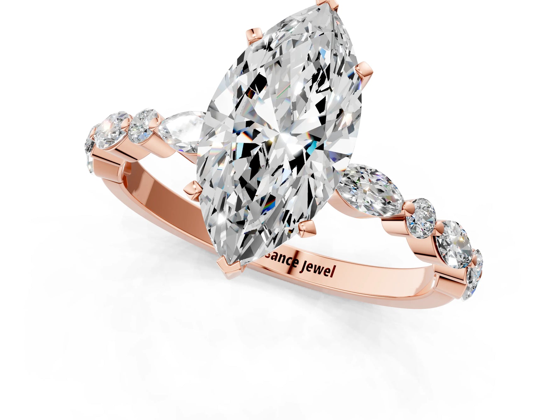 Marquise Cut Diamond Solitaire Ring in Rose gold with Shared Prong Marquise and Round Side Stones_13
