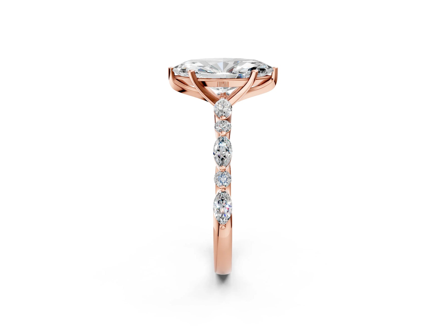 Marquise Cut Diamond Solitaire Ring in Rose gold with Shared Prong Marquise and Round Side Stones_14