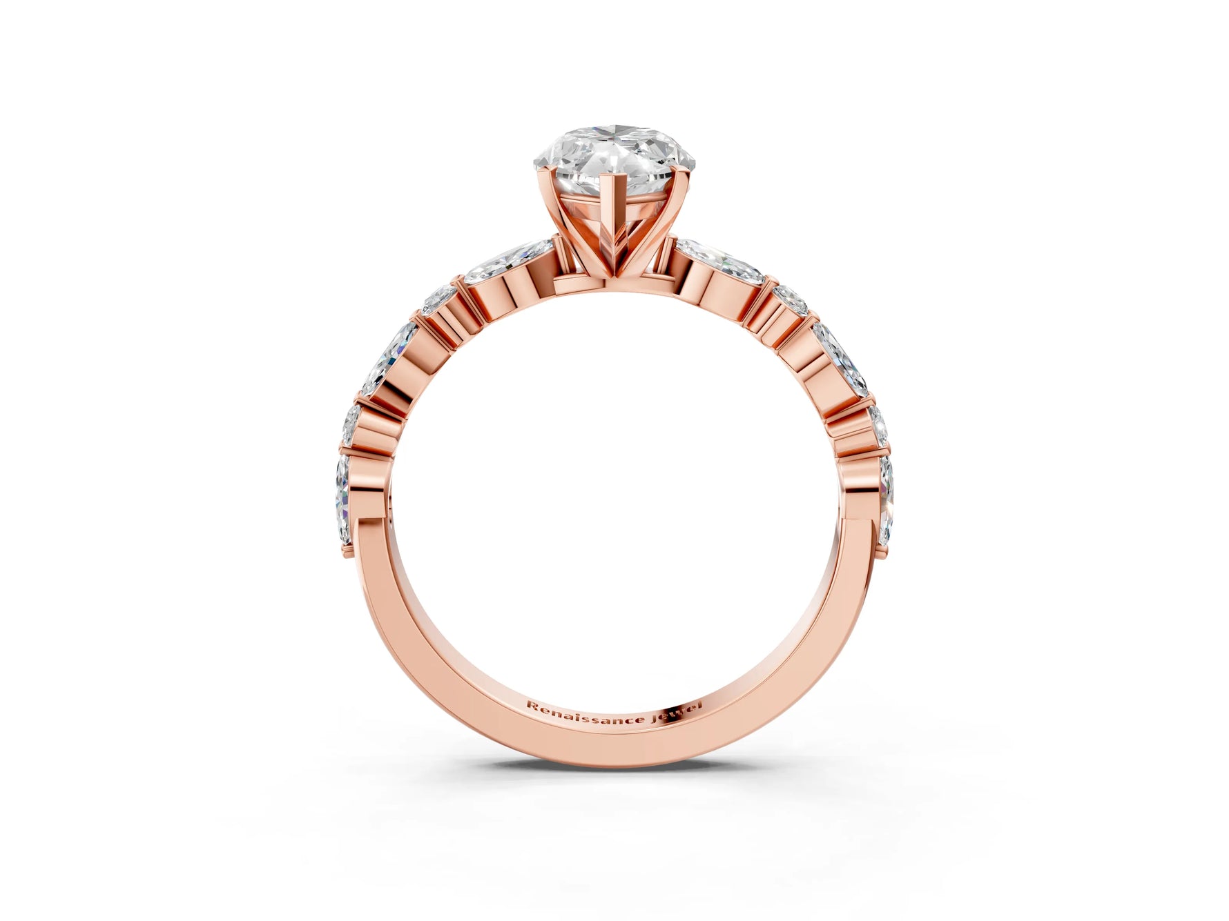 Marquise Cut Diamond Solitaire Ring in Rose gold with Shared Prong Marquise and Round Side Stones_15