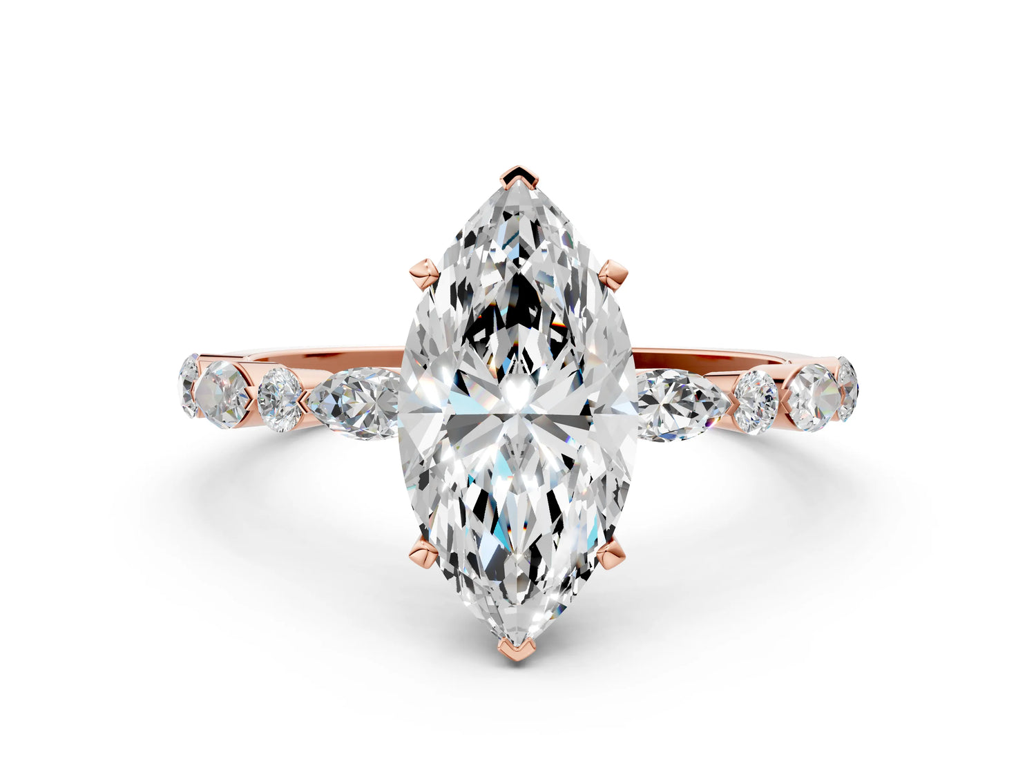 Marquise Cut Diamond Solitaire Ring in Rose gold with Shared Prong Marquise and Round Side Stones_36