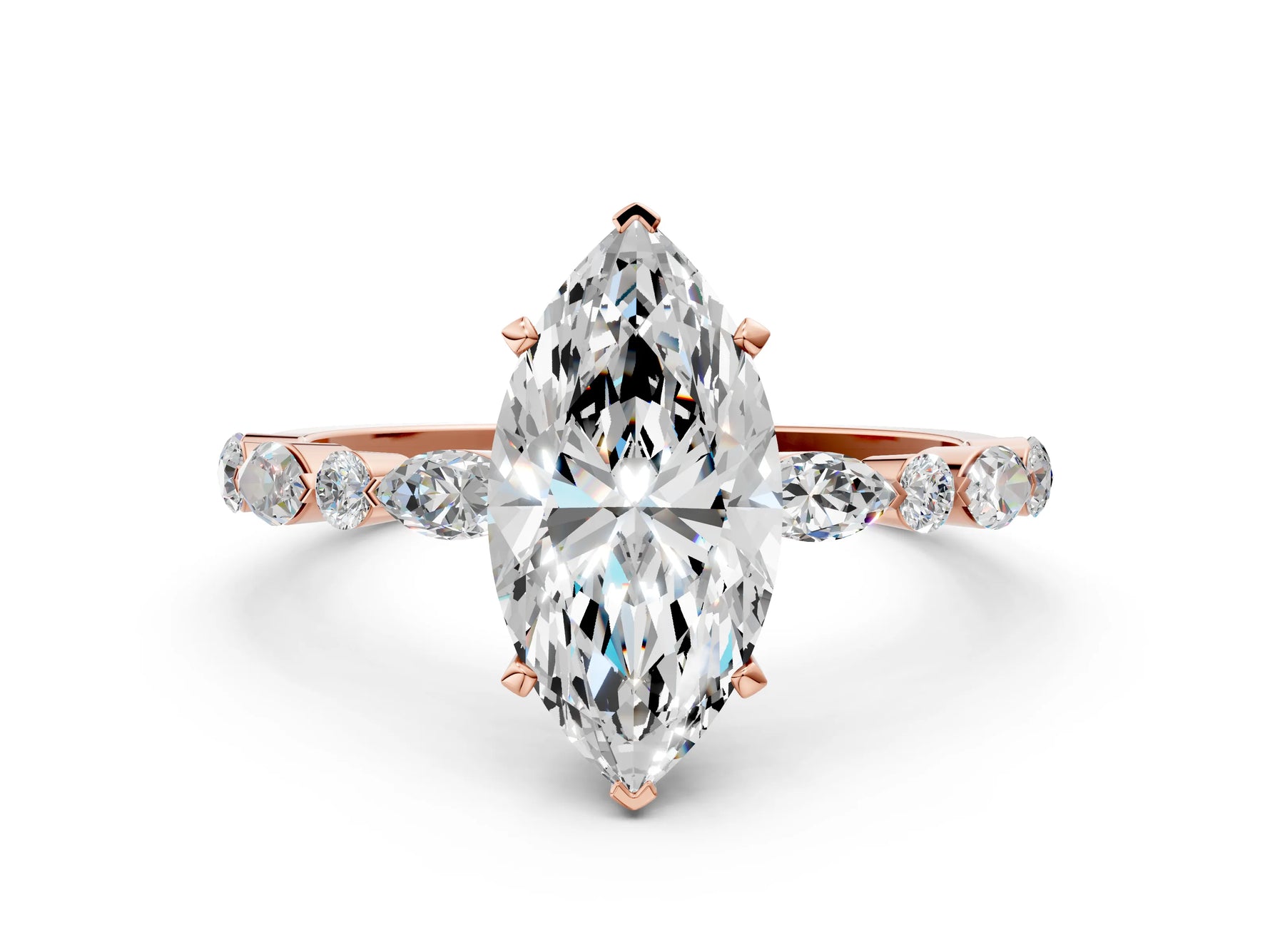 Marquise Cut Diamond Solitaire Ring in Rose gold with Shared Prong Marquise and Round Side Stones_36