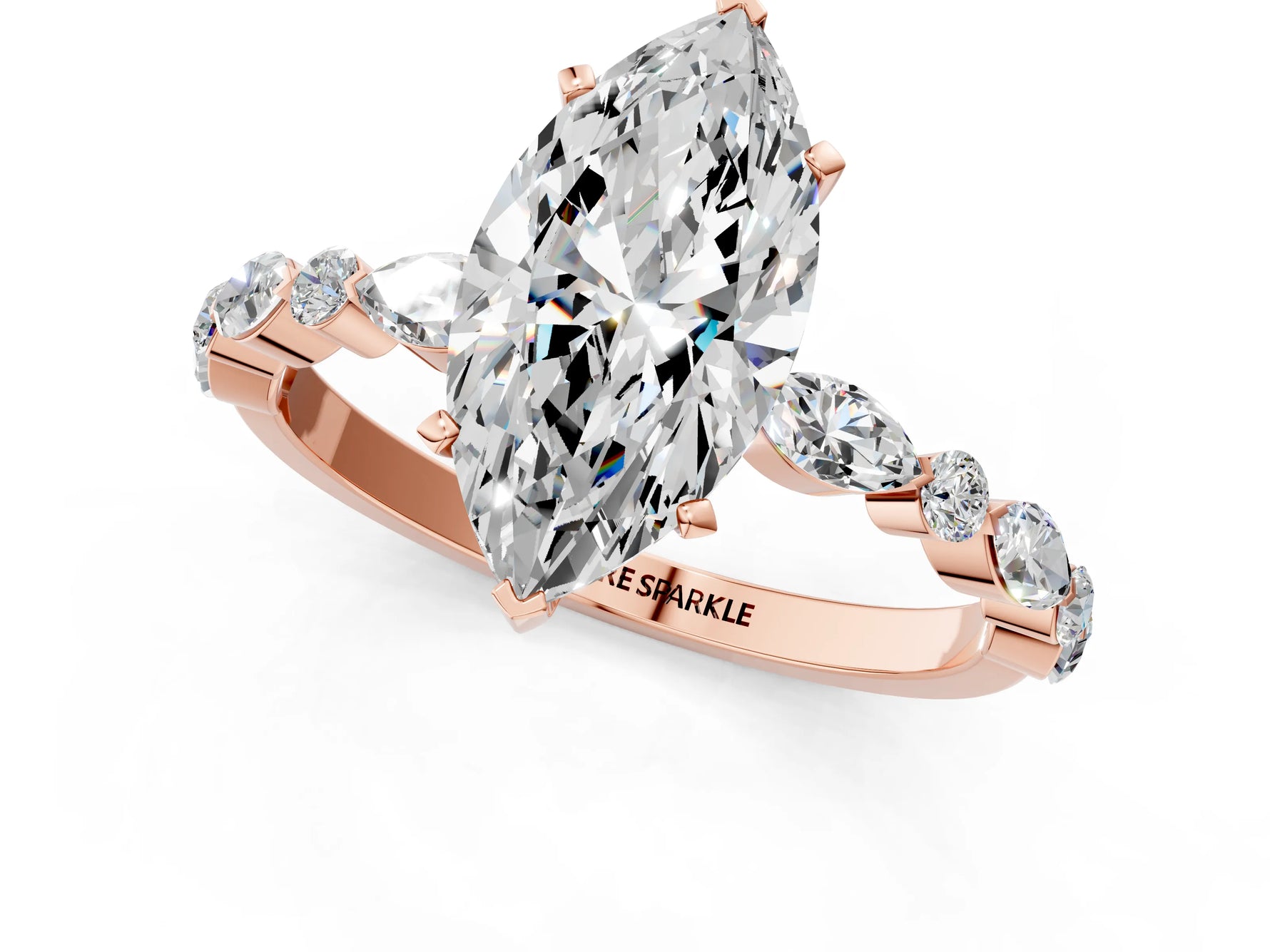 Marquise Cut Diamond Solitaire Ring in Rose gold with Shared Prong Marquise and Round Side Stones_37