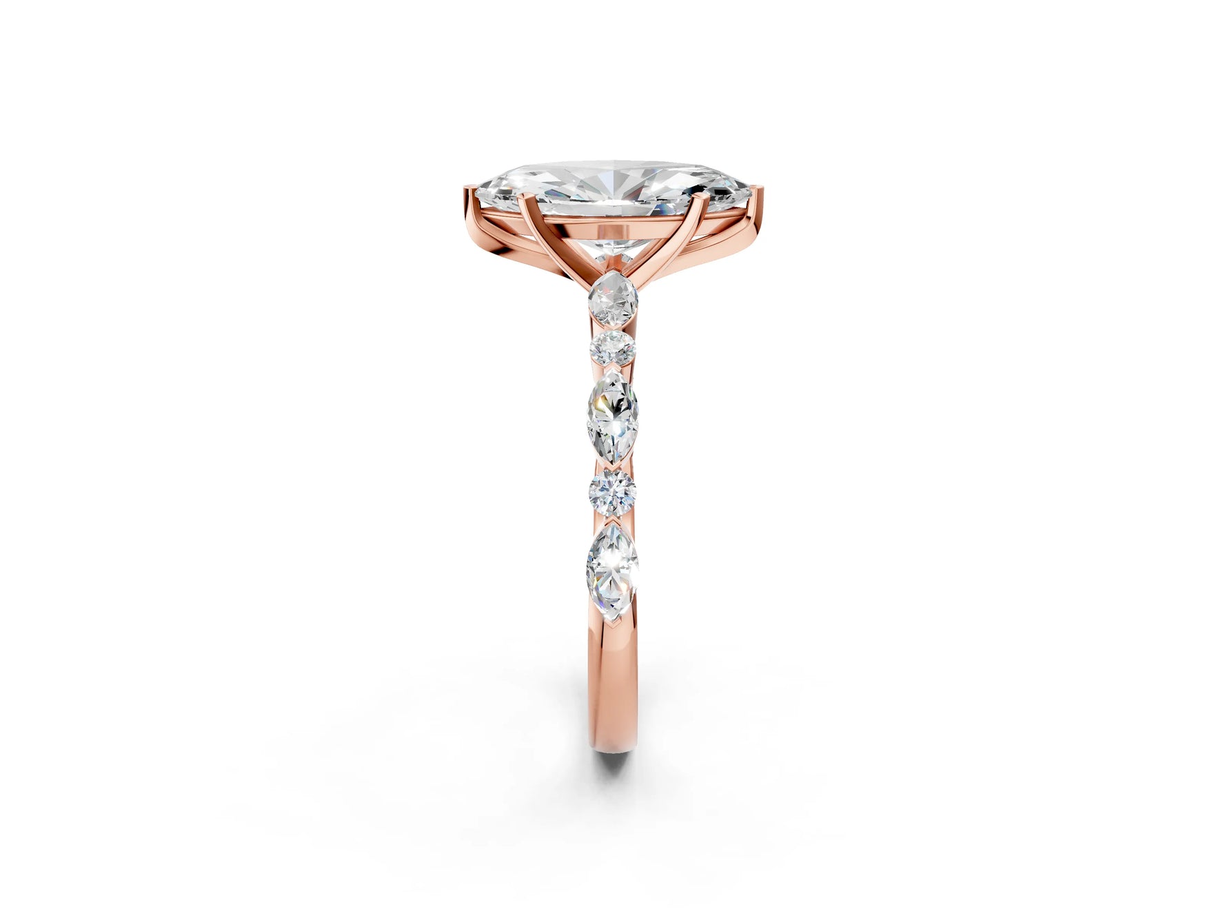 Marquise Cut Diamond Solitaire Ring in Rose gold with Shared Prong Marquise and Round Side Stones_38