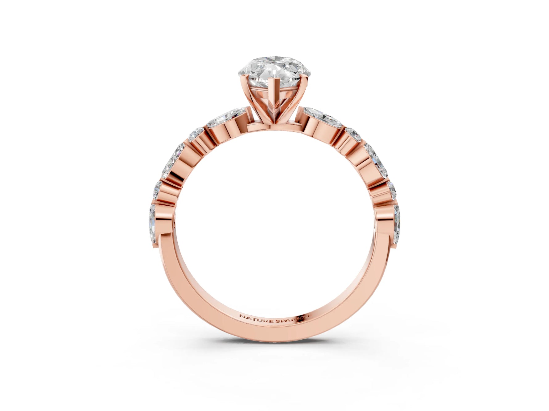 Marquise Cut Diamond Solitaire Ring in Rose gold with Shared Prong Marquise and Round Side Stones_39