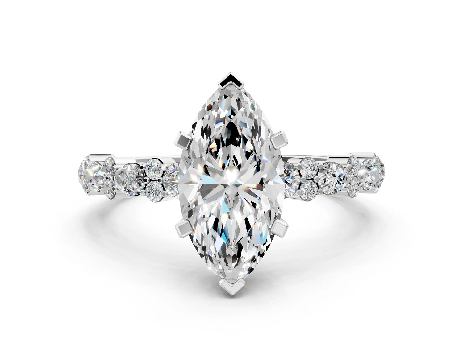 Marquise Cut Diamond Solitaire Ring in White gold with Pear and Round Cluster Band_12