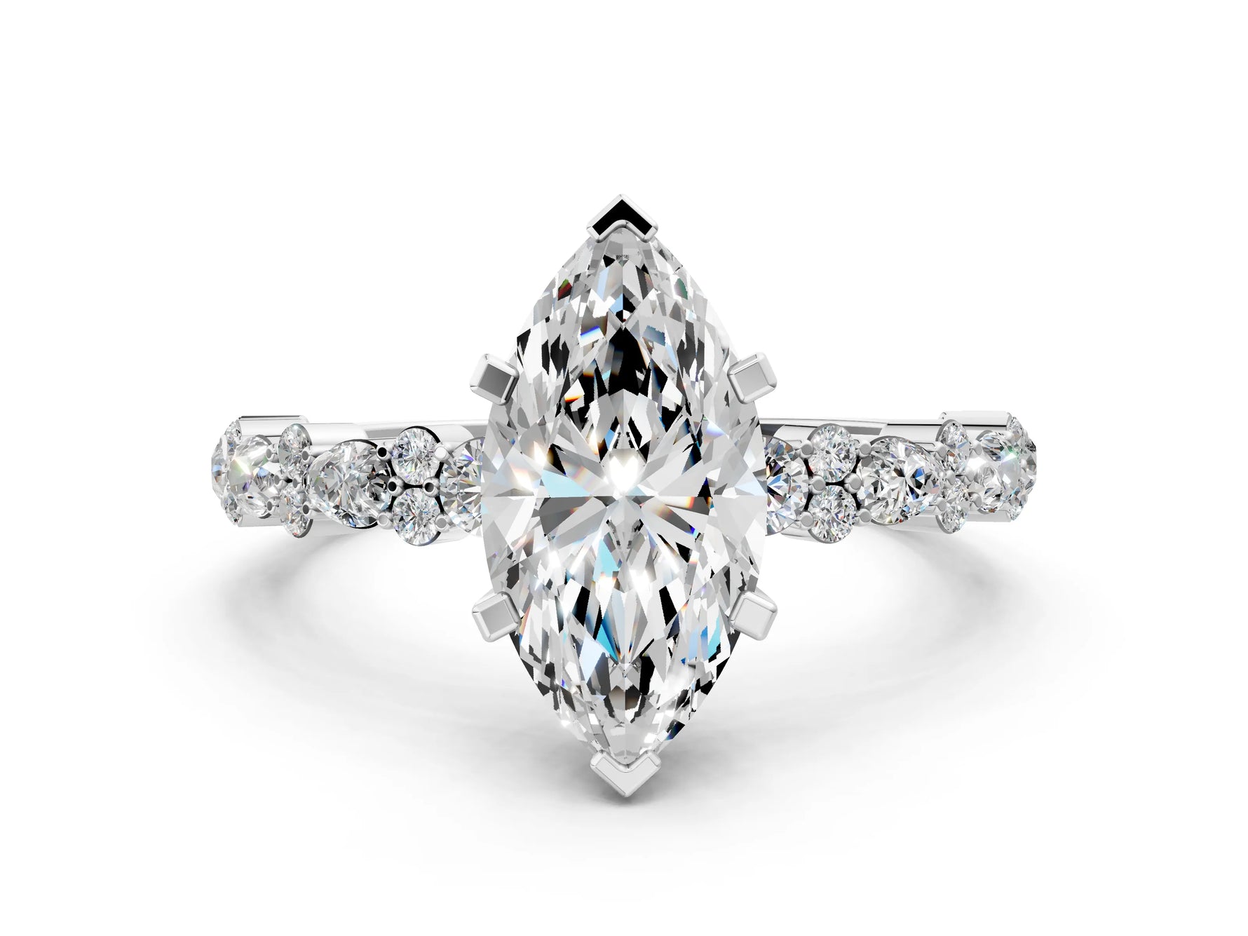 Marquise Cut Diamond Solitaire Ring in White gold with Pear and Round Cluster Band_12