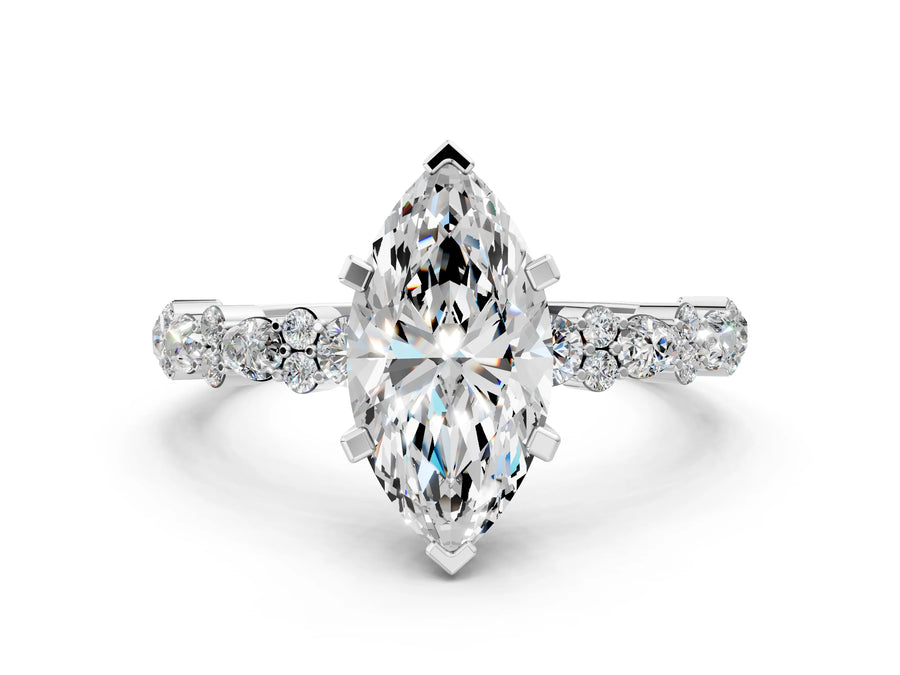 Marquise Cut Diamond Solitaire Ring in White gold with Pear and Round Cluster Band