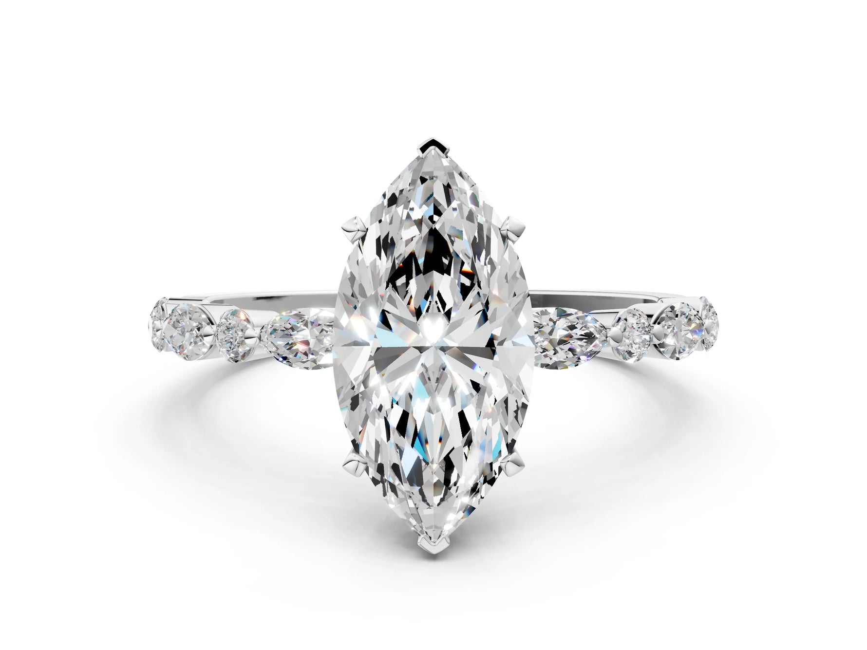 Marquise Cut Diamond Solitaire Ring in White gold with Shared Prong Marquise and Round Side Stones_12