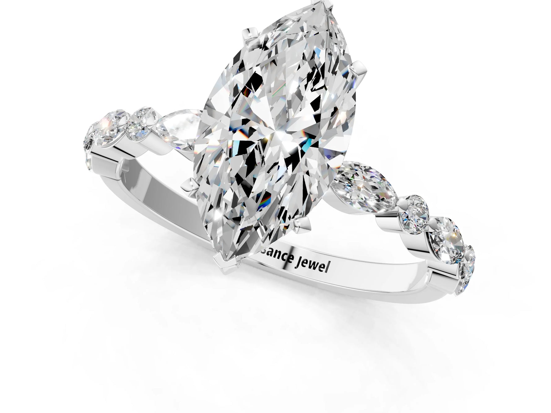 Marquise Cut Diamond Solitaire Ring in White gold with Shared Prong Marquise and Round Side Stones_13