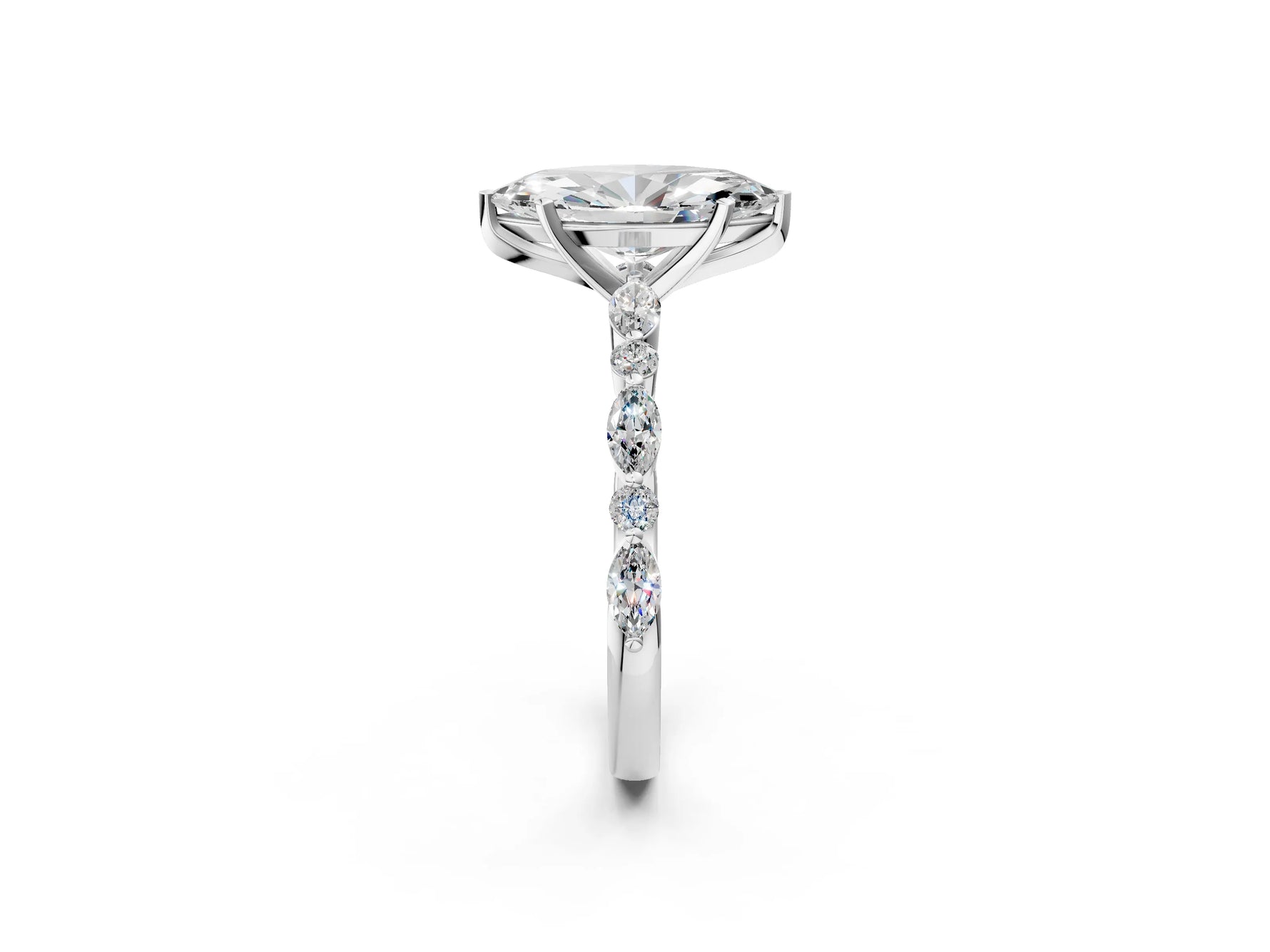 Marquise Cut Diamond Solitaire Ring in White gold with Shared Prong Marquise and Round Side Stones_14