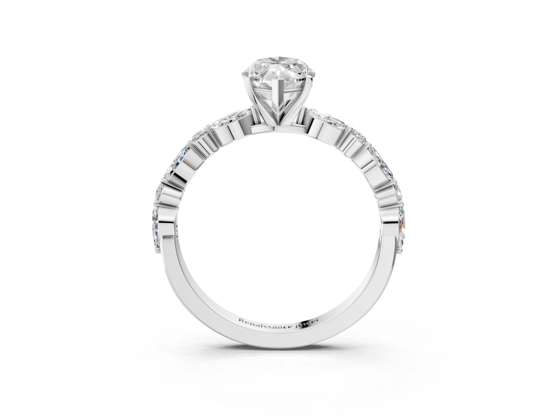 Marquise Cut Diamond Solitaire Ring in White gold with Shared Prong Marquise and Round Side Stones_15