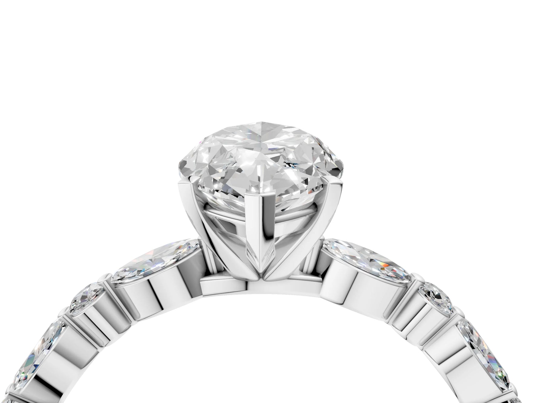 Marquise Cut Diamond Solitaire Ring in White gold with Shared Prong Marquise and Round Side Stones_16