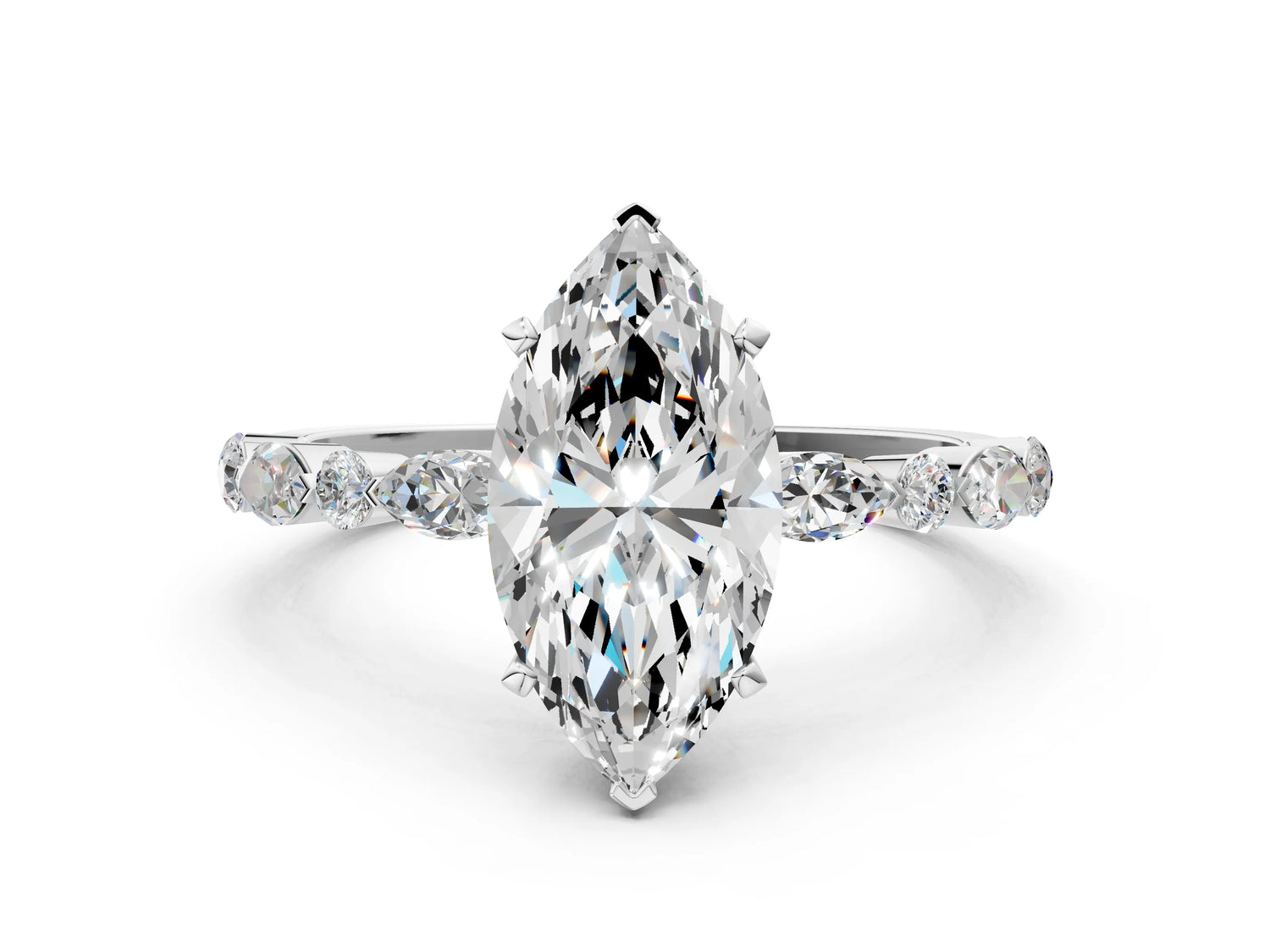 Marquise Cut Diamond Solitaire Ring in White gold with Shared Prong Marquise and Round Side Stones_36