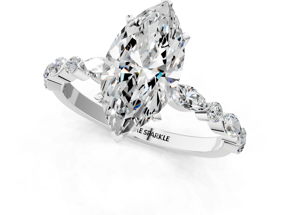 Marquise Cut Diamond Solitaire Ring in White gold with Shared Prong Marquise and Round Side Stones_37