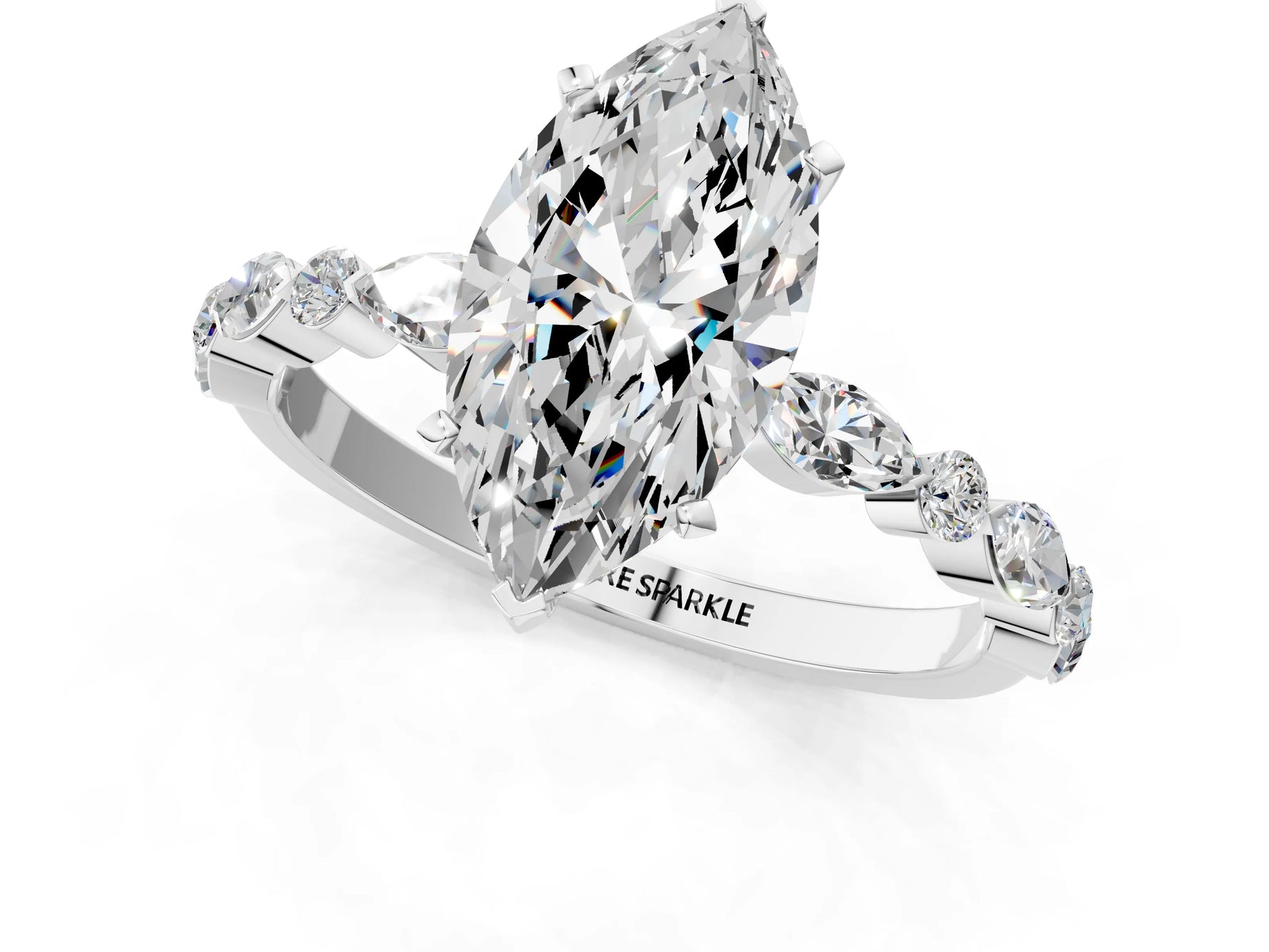 Marquise Cut Diamond Solitaire Ring in White gold with Shared Prong Marquise and Round Side Stones_37