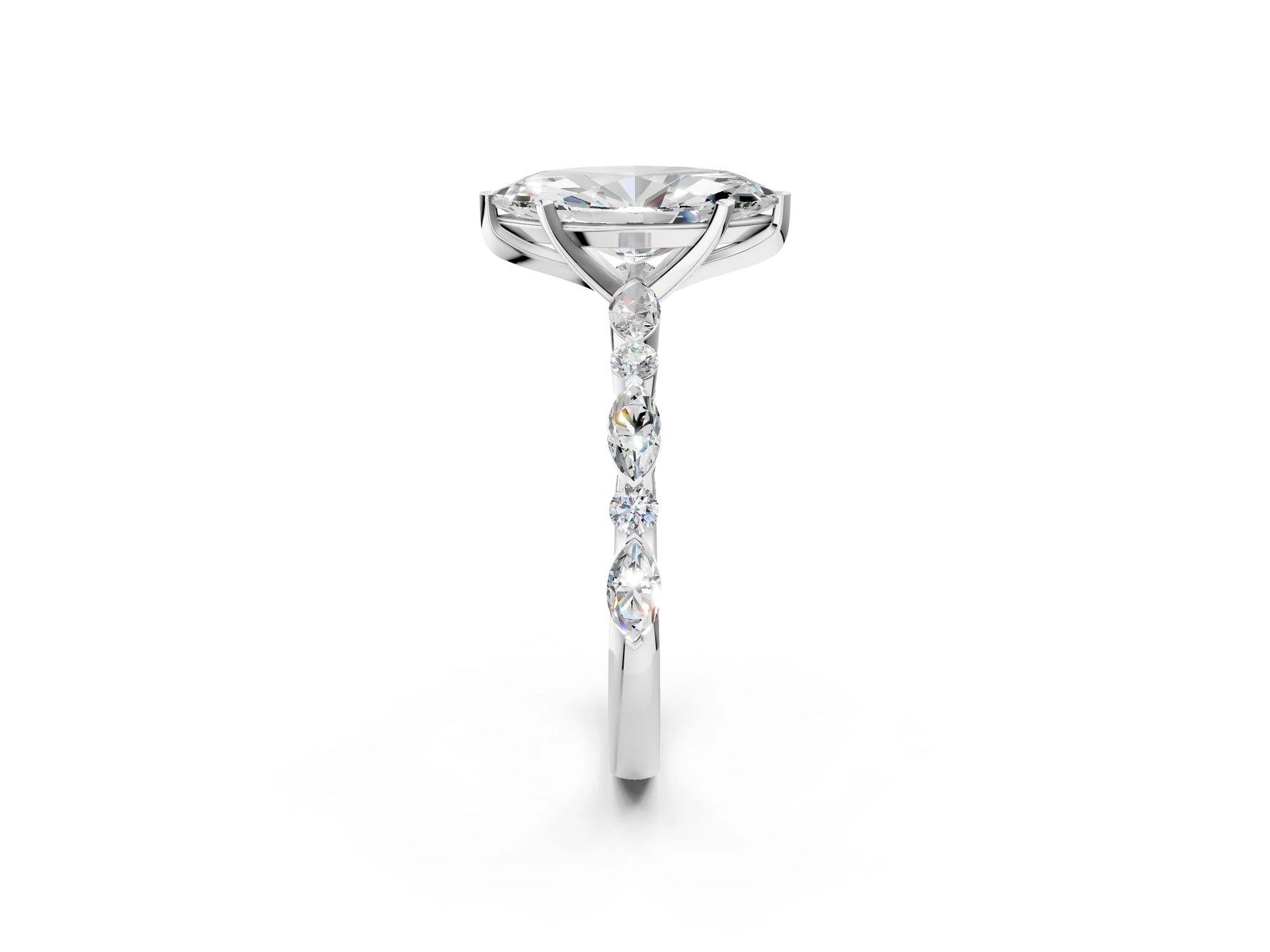 Marquise Cut Diamond Solitaire Ring in White gold with Shared Prong Marquise and Round Side Stones_38