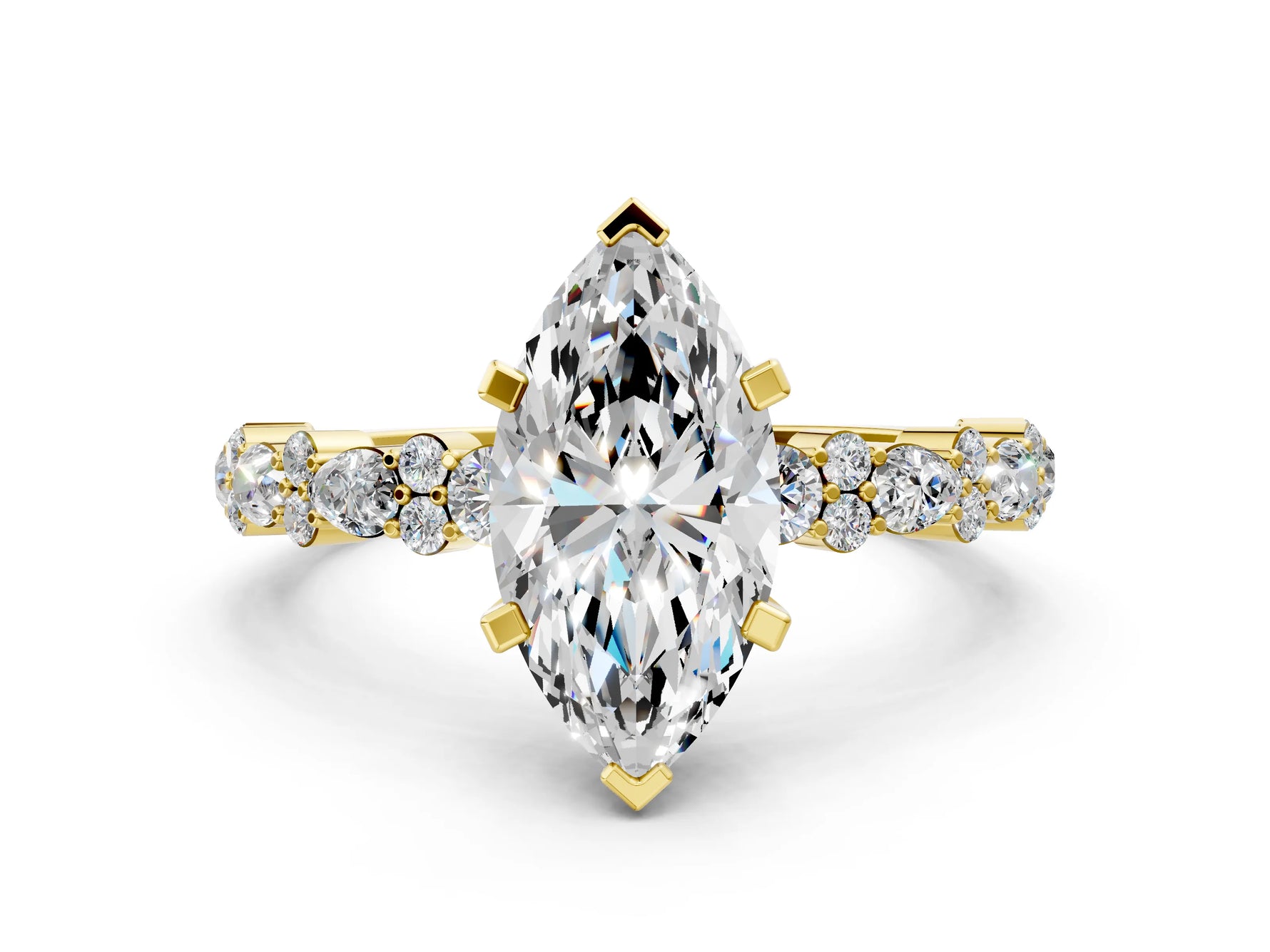 Marquise Cut Diamond Solitaire Ring in Yellow gold with Pear and Round Cluster Band_12